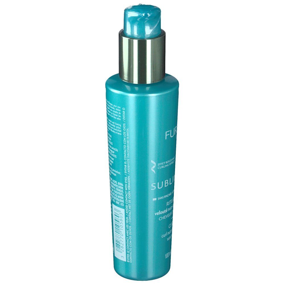 Flacon turquoise avec pompe. Texte au dos. Anneau doré sur la pompe.