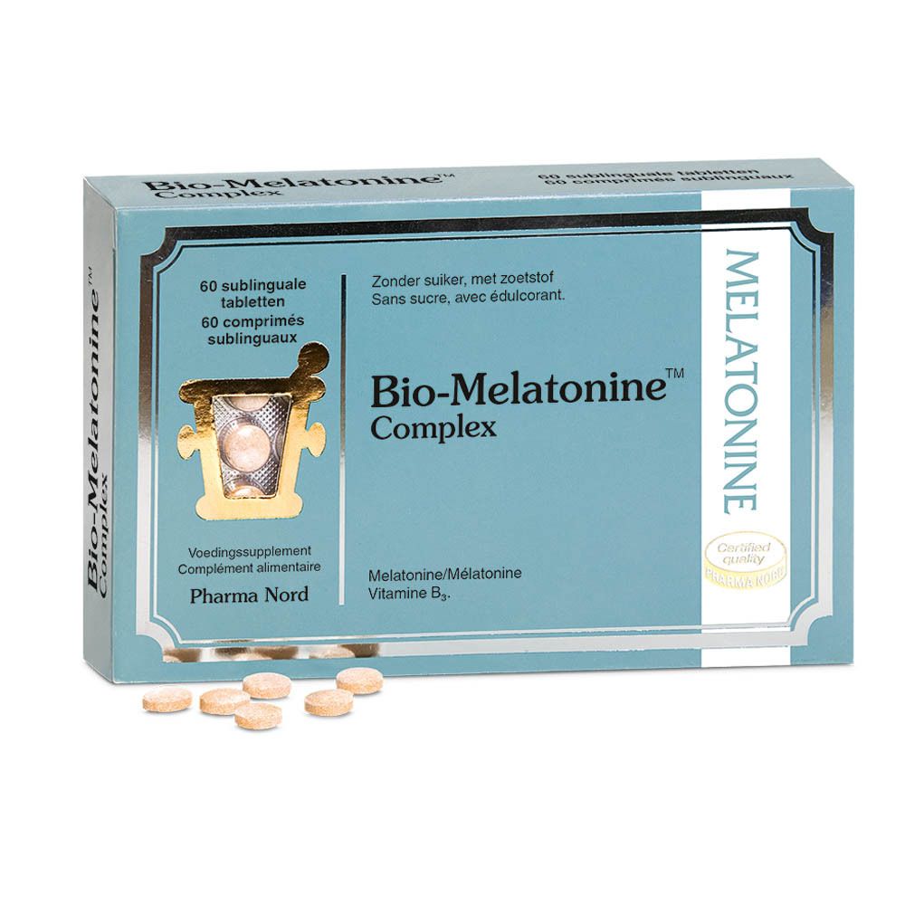 Boîte bleu clair "Bio-Melatonine Complex". 60 comprimés. Marque Pharma Nord. Comprimés à côté.
