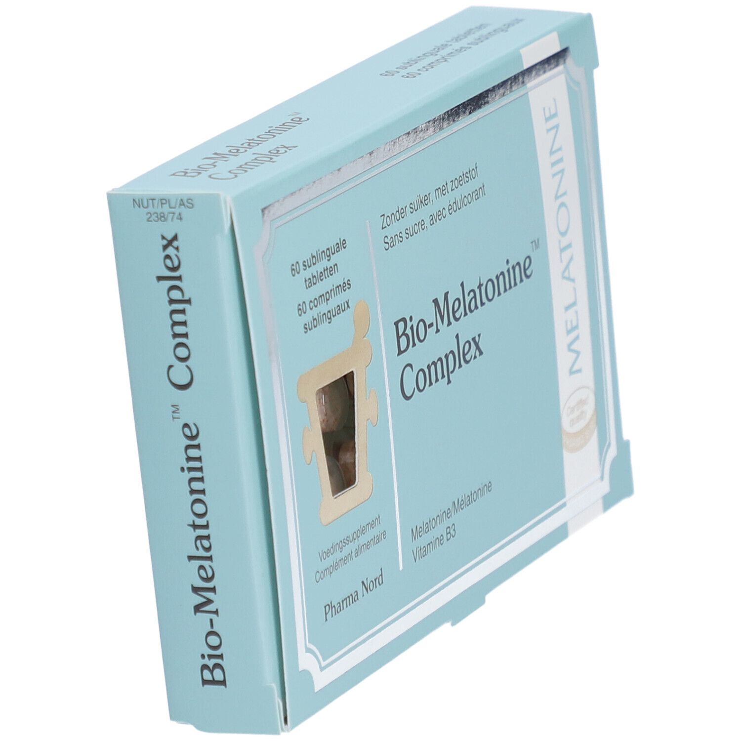 Boîte "Bio-Melatonine Complex" bleu clair. Contient 60 comprimés. Marque Pharma Nord. Vue de côté.