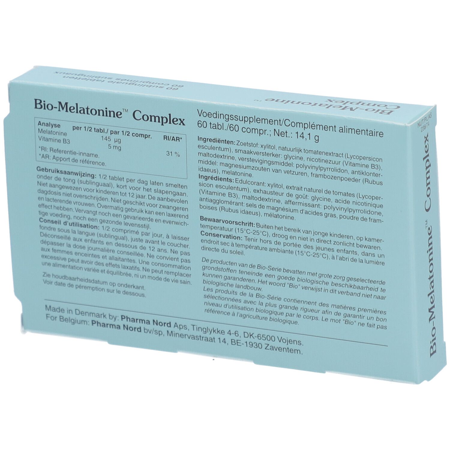 Dos de la boîte bleu clair "Bio-Melatonine Complex". Texte multilingue. Marque Pharma Nord.