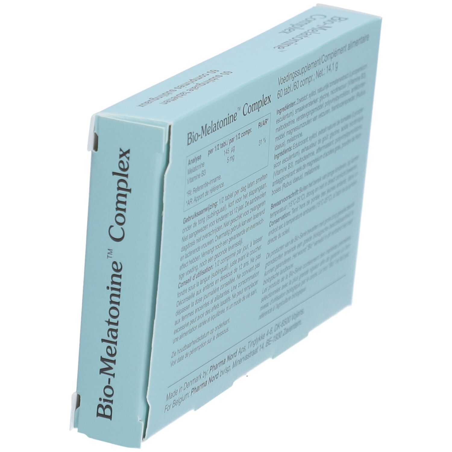 Boîte bleu clair "Bio-Melatonine Complex". Vue latérale avec texte. Marque Pharma Nord.