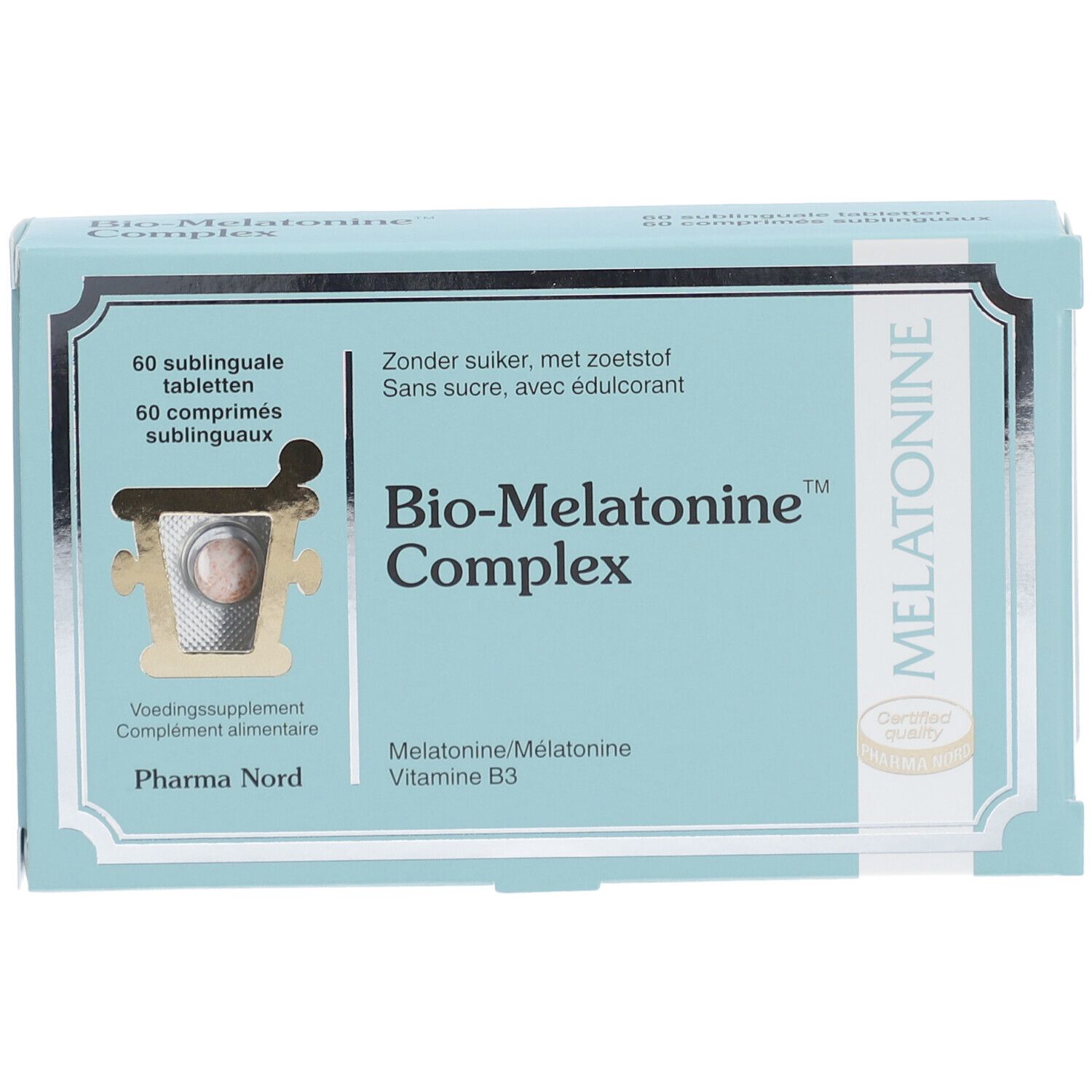 Boîte bleu clair "Bio-Melatonine Complex". Contient 60 comprimés. Marque Pharma Nord. Logo de certification.