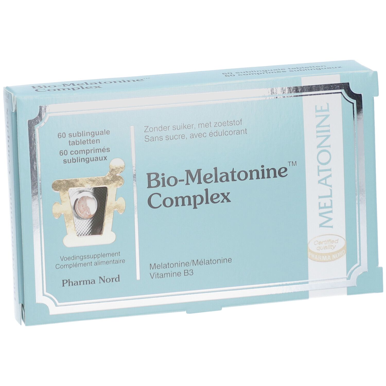 Boîte bleu clair "Bio-Melatonine Complex". Contient 60 comprimés. Marque Pharma Nord. Logo de certification.