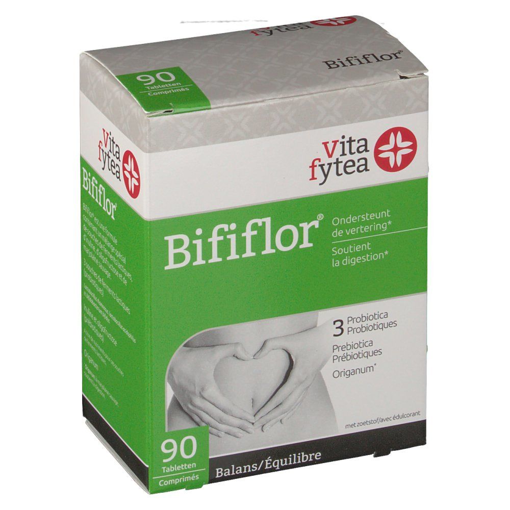 Doos Bififlor. 90 tabletten. Vita fytea logo. Ondersteunt de vertering. 3 probiotica.