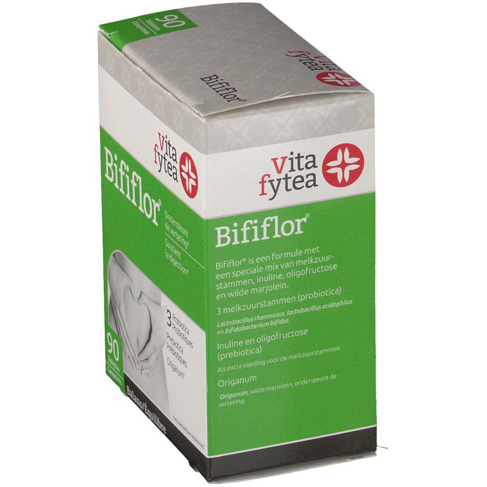 Doos Bififlor. 90 tabletten. Vita fytea logo. Bevat melkzuurbacteriën, inuline, oligofructose.
