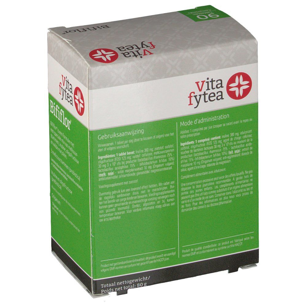 Achterkant doos Bififlor. Gebruiksaanwijzing. Vita fytea logo. 90 tabletten. Nettogewicht 30g.