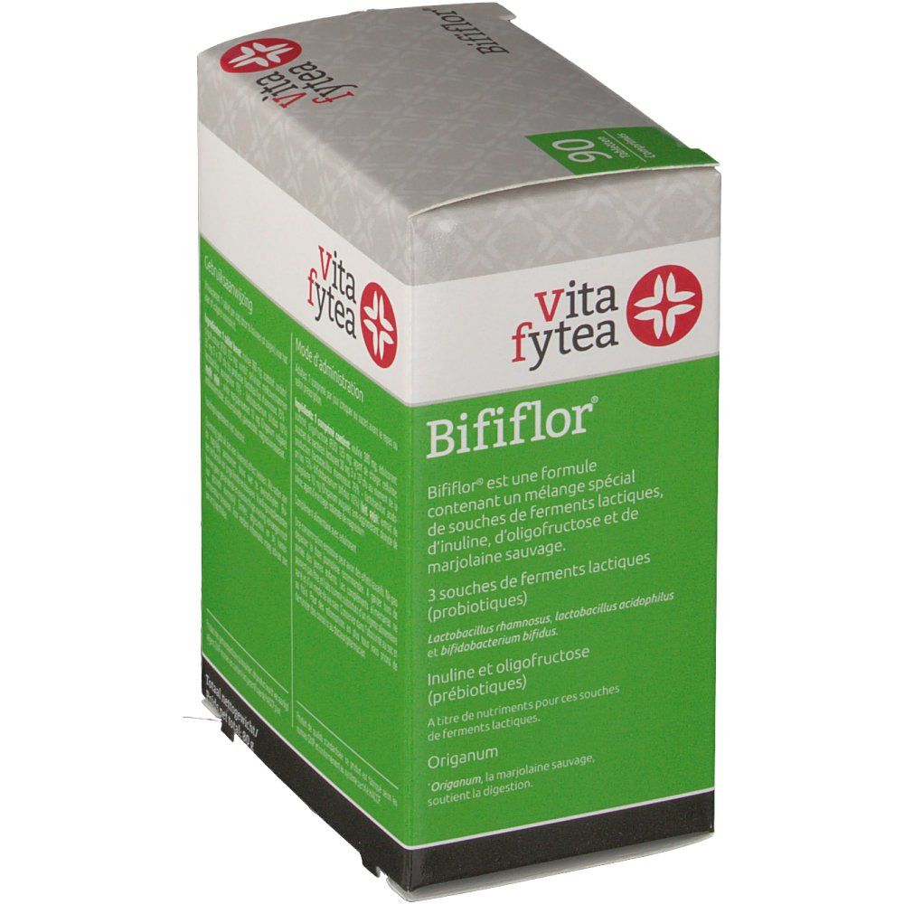 Bififlor doos. Vita fytea logo. Bevat melkzuurbacteriën, inuline, oligofructose. 3 stammen.