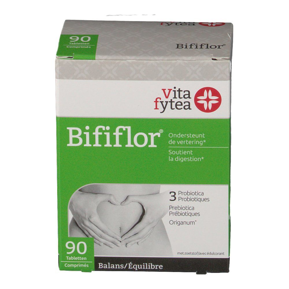 Doos Bififlor. 90 tabletten. Vita fytea logo. Ondersteunt de vertering. 3 probiotica. Balans/Équilibre.