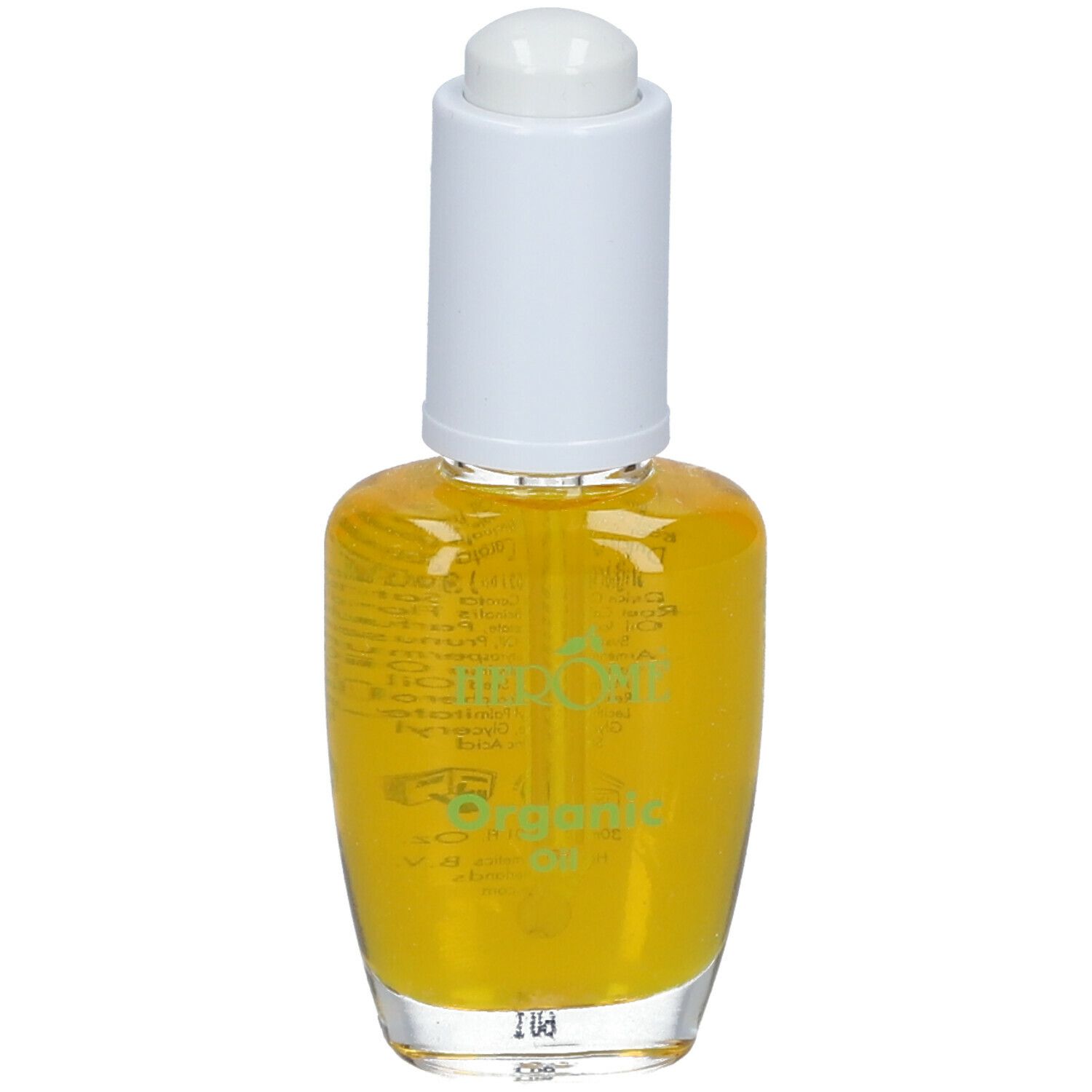 Huile jaune dans un flacon en verre avec bouchon blanc. Inscription : Organic Oil.
