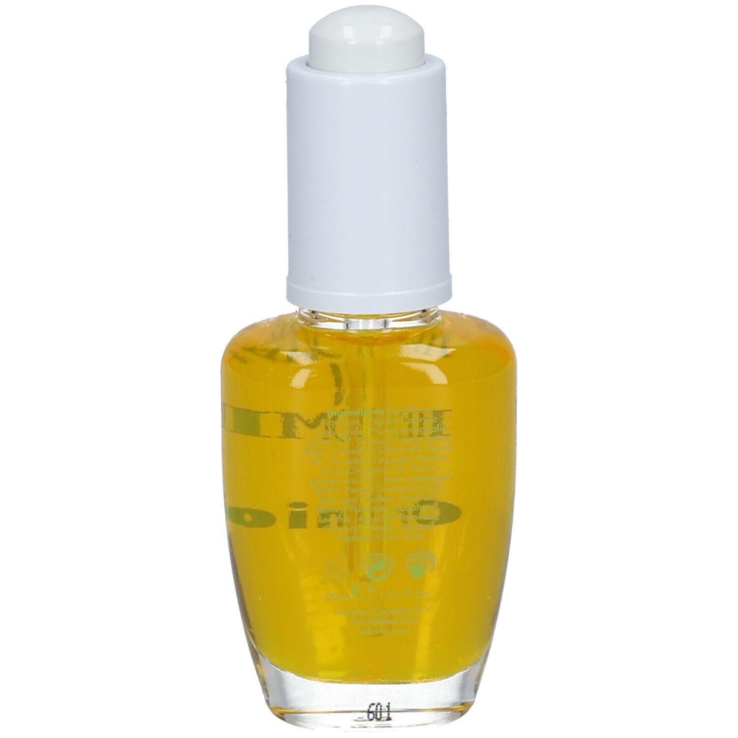 Huile jaune dans un flacon en verre avec bouchon blanc. Inscription : Organic Oil.
