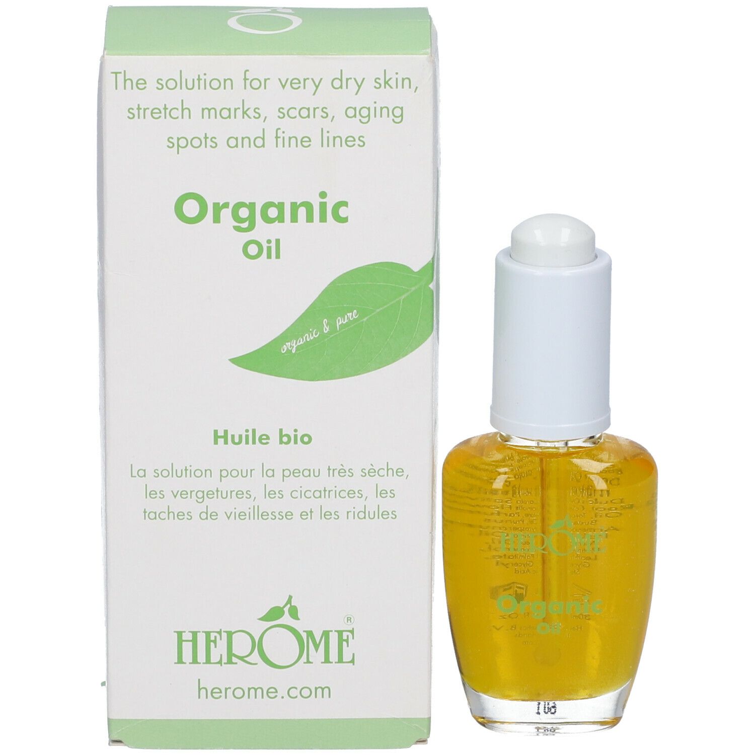 Flacon de produit à côté de l'emballage. Emballage avec inscription : Organic Oil, HEROME®.