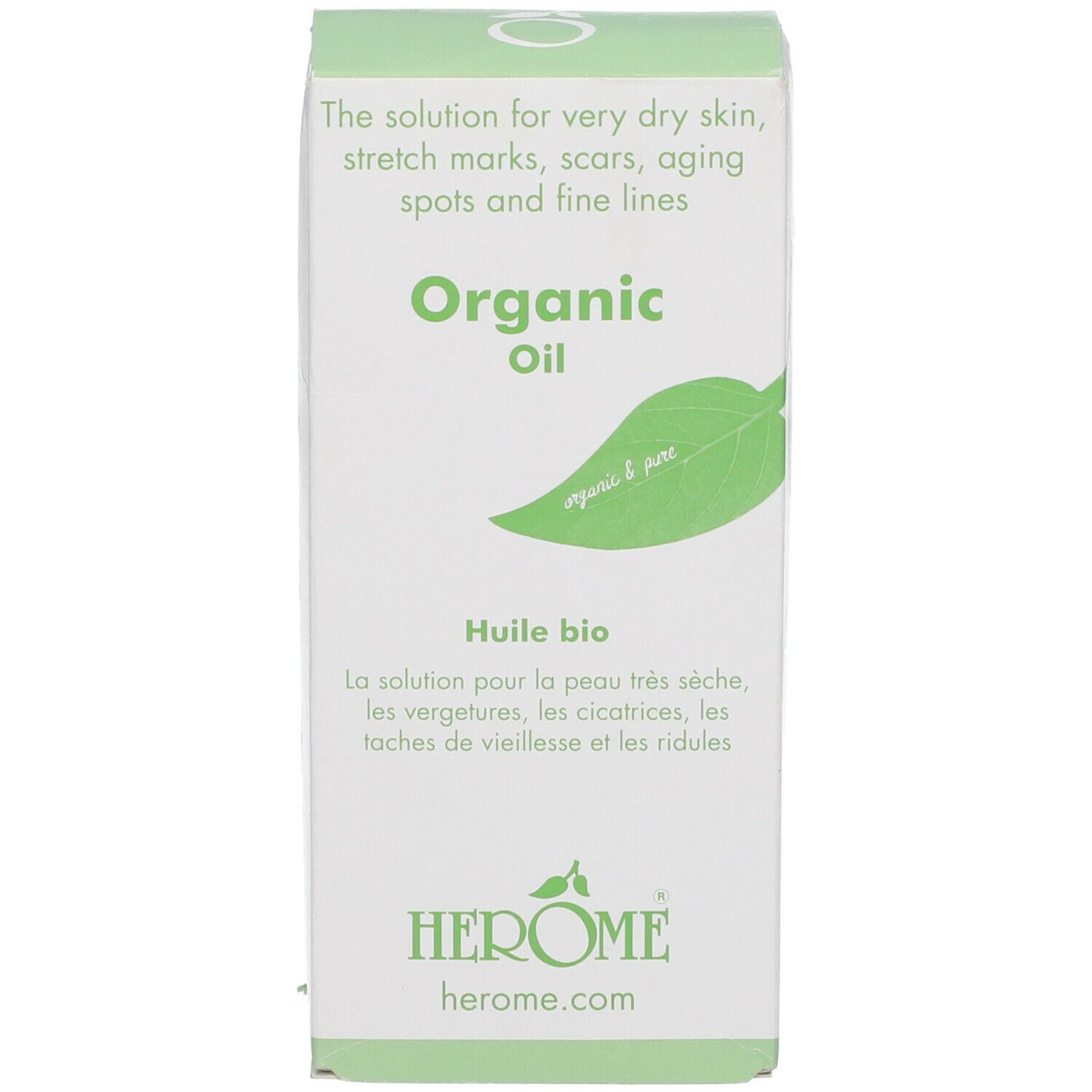 Emballage blanc avec des accents verts. Inscription : Organic Oil, HEROME®.