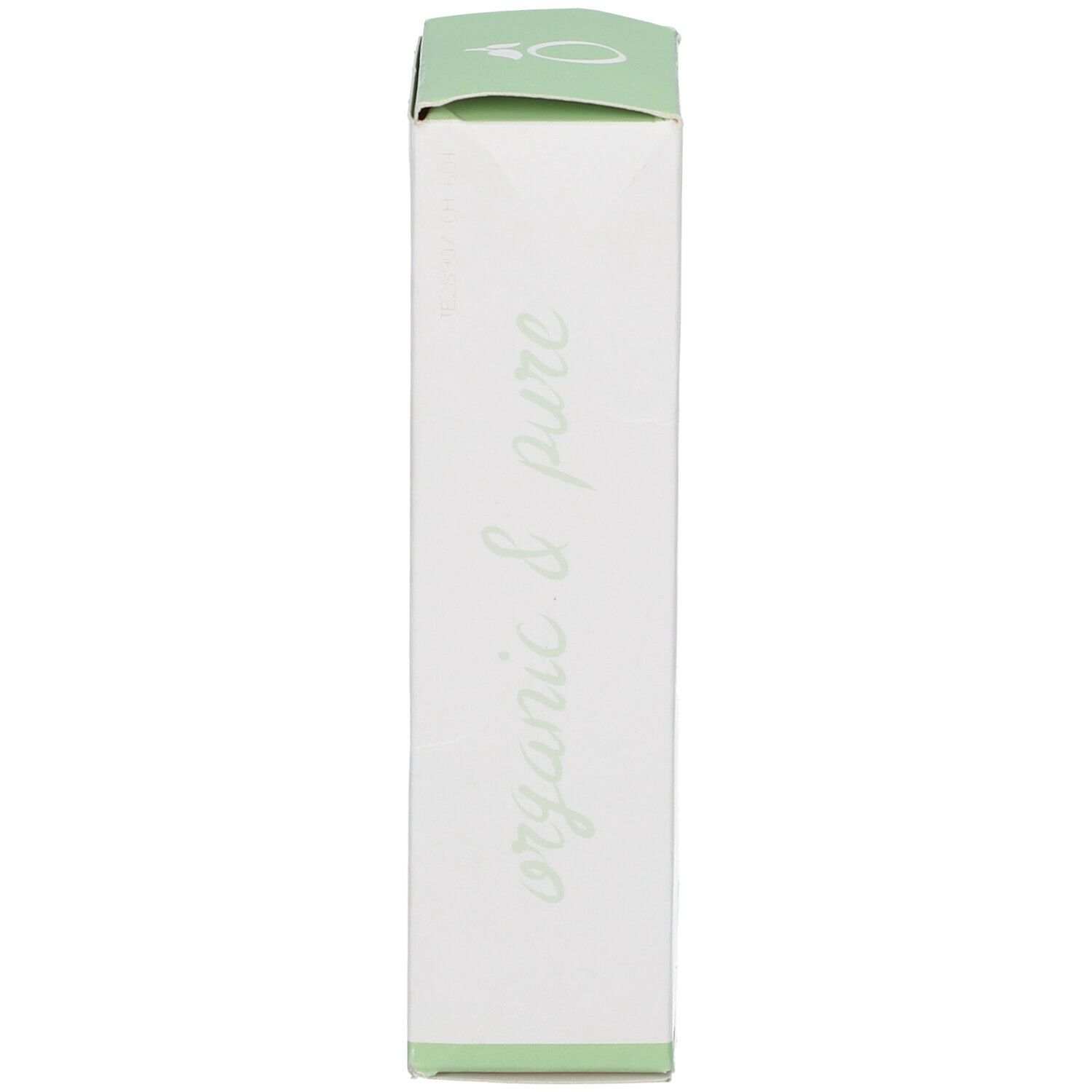 Emballage étroit et blanc avec des accents verts. Inscription : organic & pure.