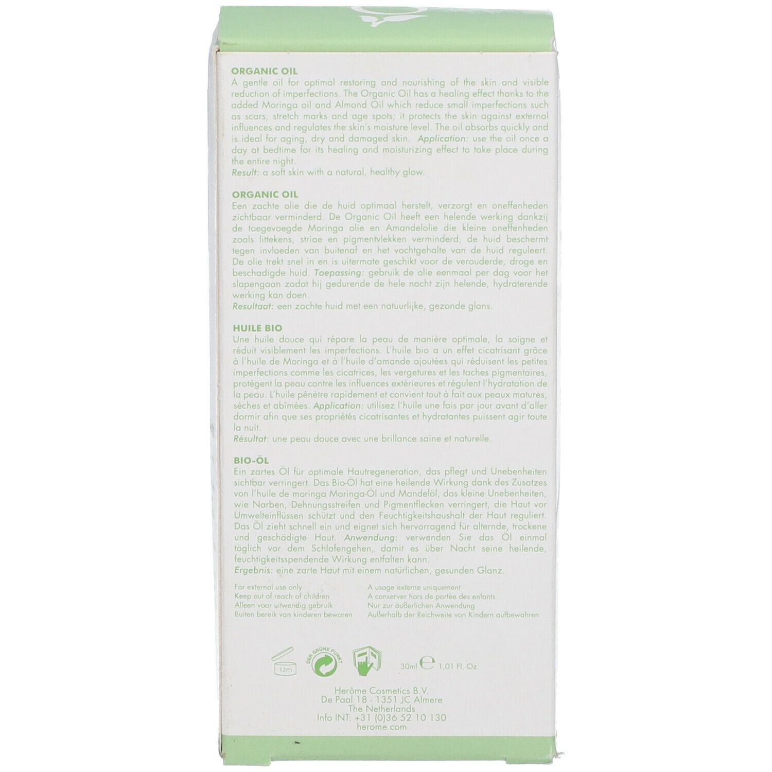 Dos de l'emballage avec texte en plusieurs langues. Informations sur le produit.