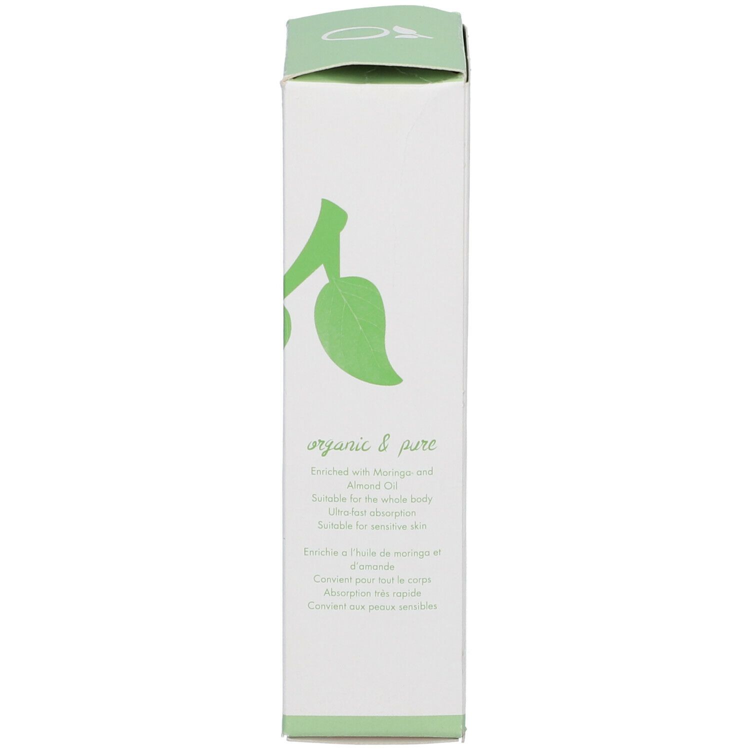 Emballage étroit avec des accents verts. Inscription : organic & pure.