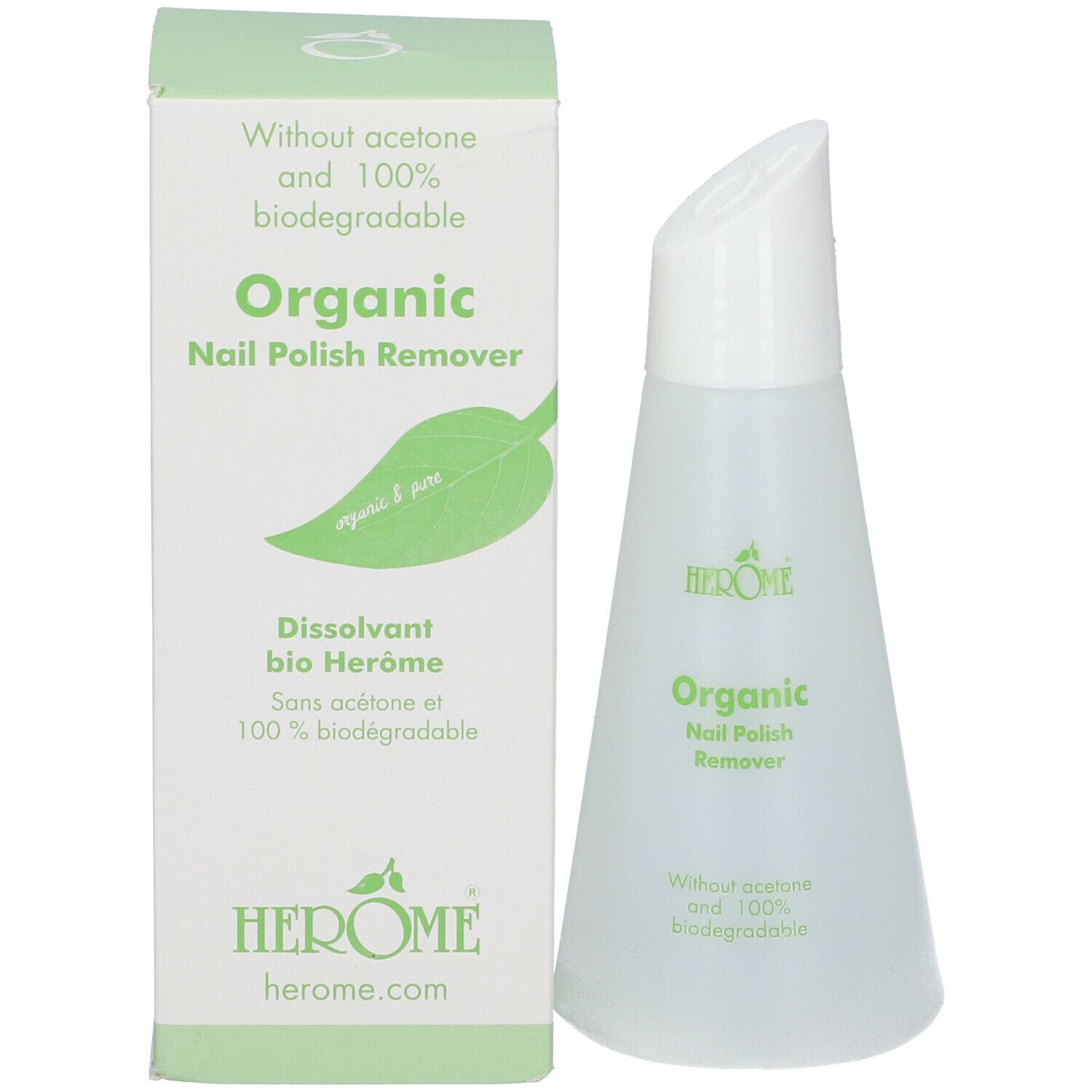 Nagellackentferner-Flasche und Karton. Aufschrift: Organic Nail Polish Remover. Karton mit Blatt-Logo.