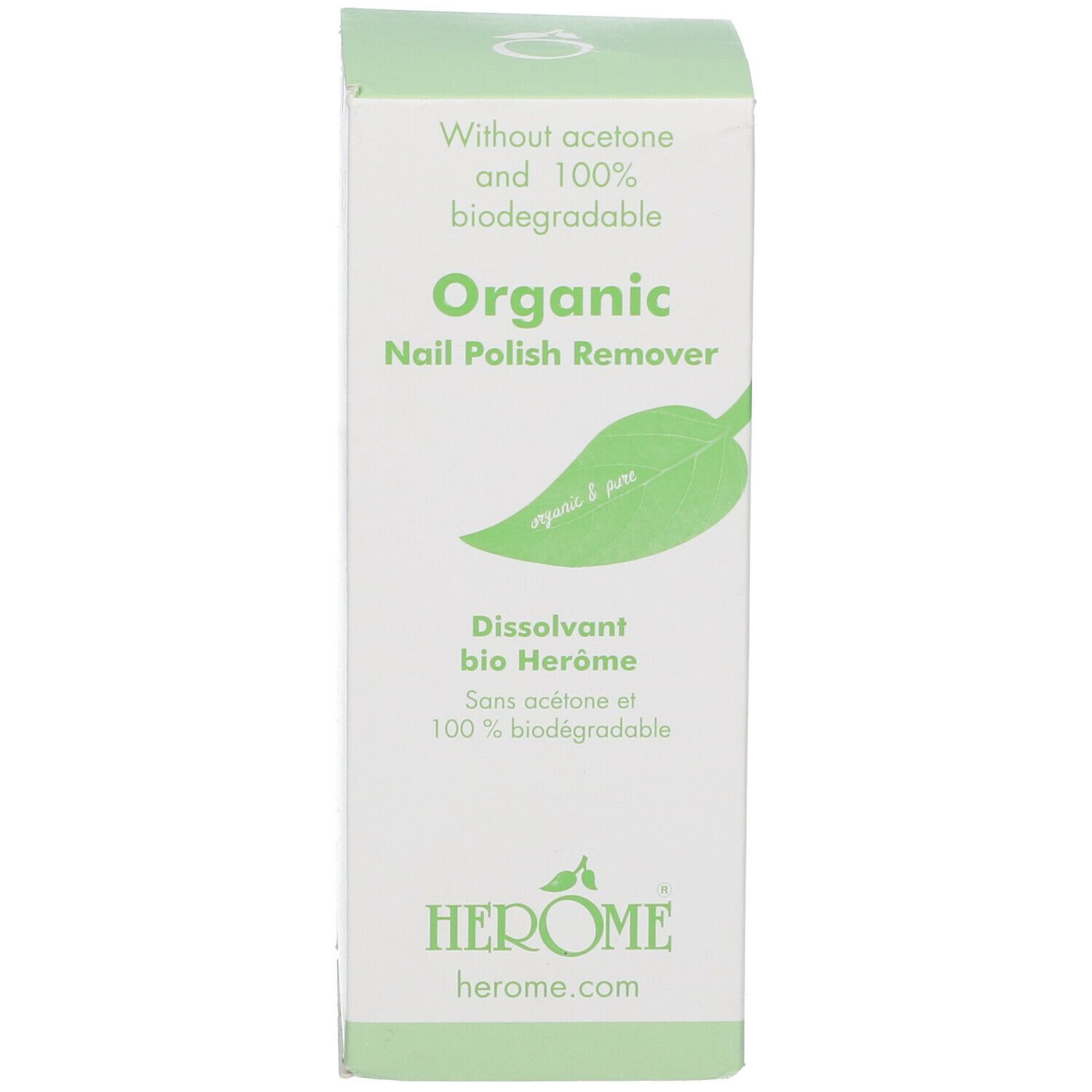 Karton für Nagellackentferner. Aufschrift: Organic Nail Polish Remover. Blatt-Logo und Produktname.