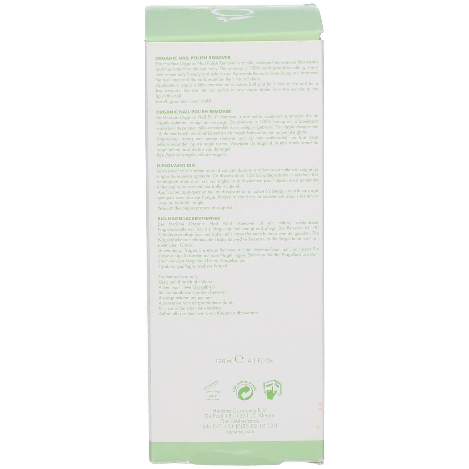 Rückseite des Kartons. Textinformationen und Logos. Grüner Schriftzug auf weißem Hintergrund.