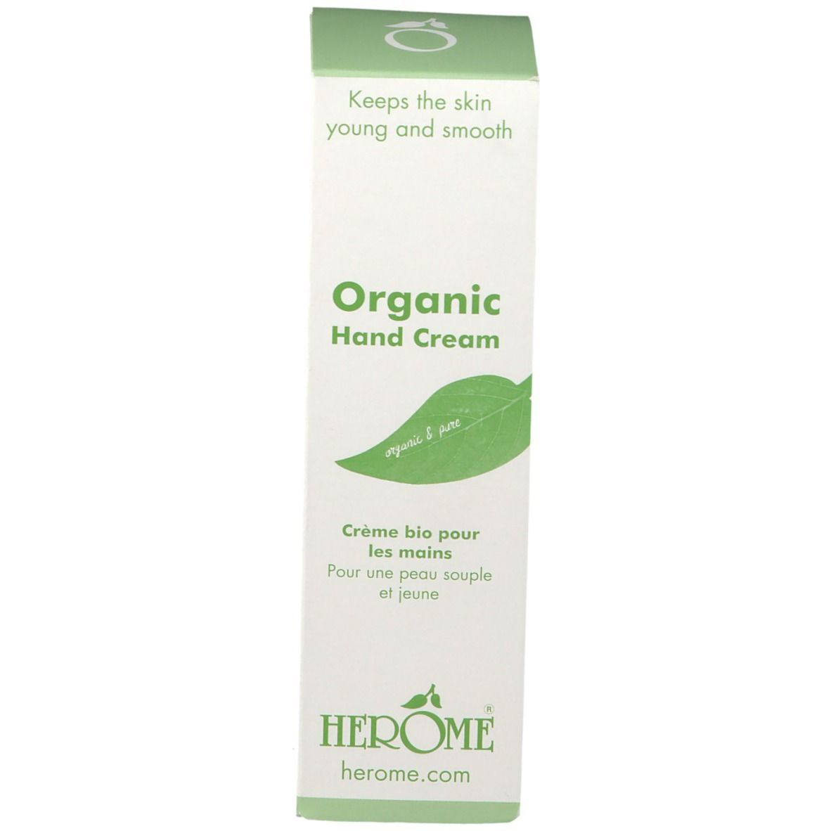 Emballage HEROME® "Organic Hand Cream". Blanc, vert, texte. Logo feuille. "Crème bio pour les mains".