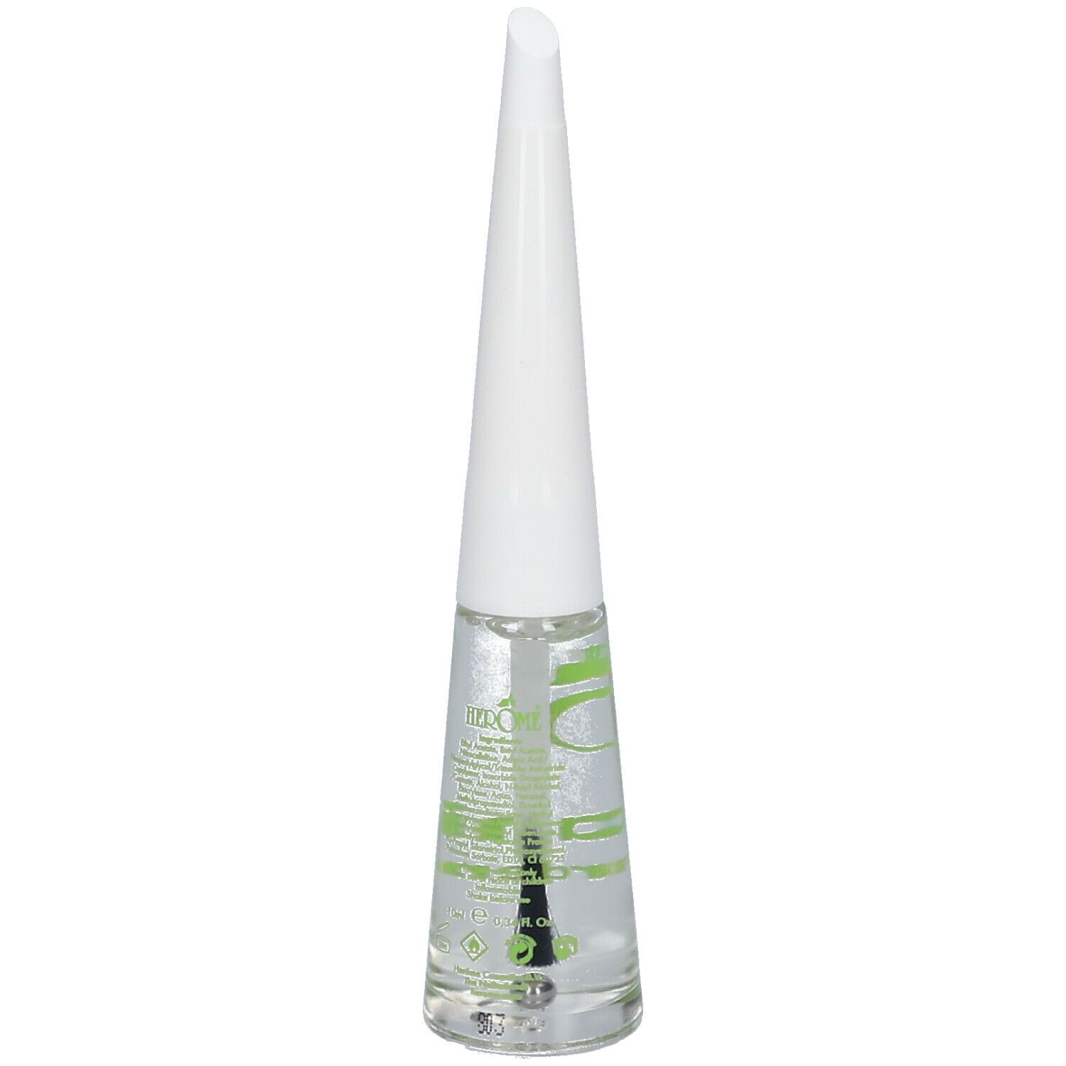 Flacon de durcisseur pour ongles transparent avec bouchon blanc et pinceau. Inscription : Organic Nail Hardener.