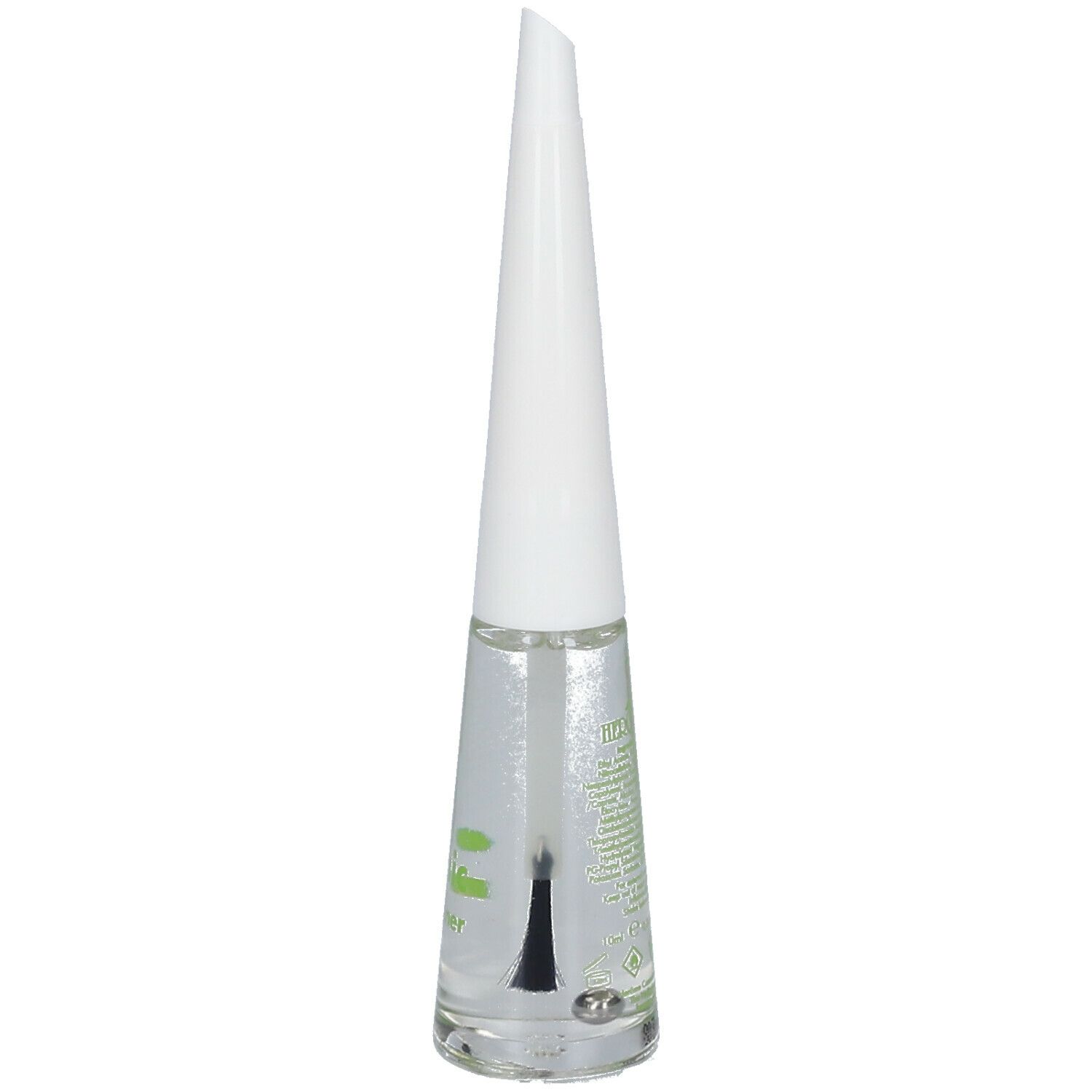 Flacon de durcisseur pour ongles transparent avec bouchon blanc et pinceau. Inscription : Organic Nail Hardener.