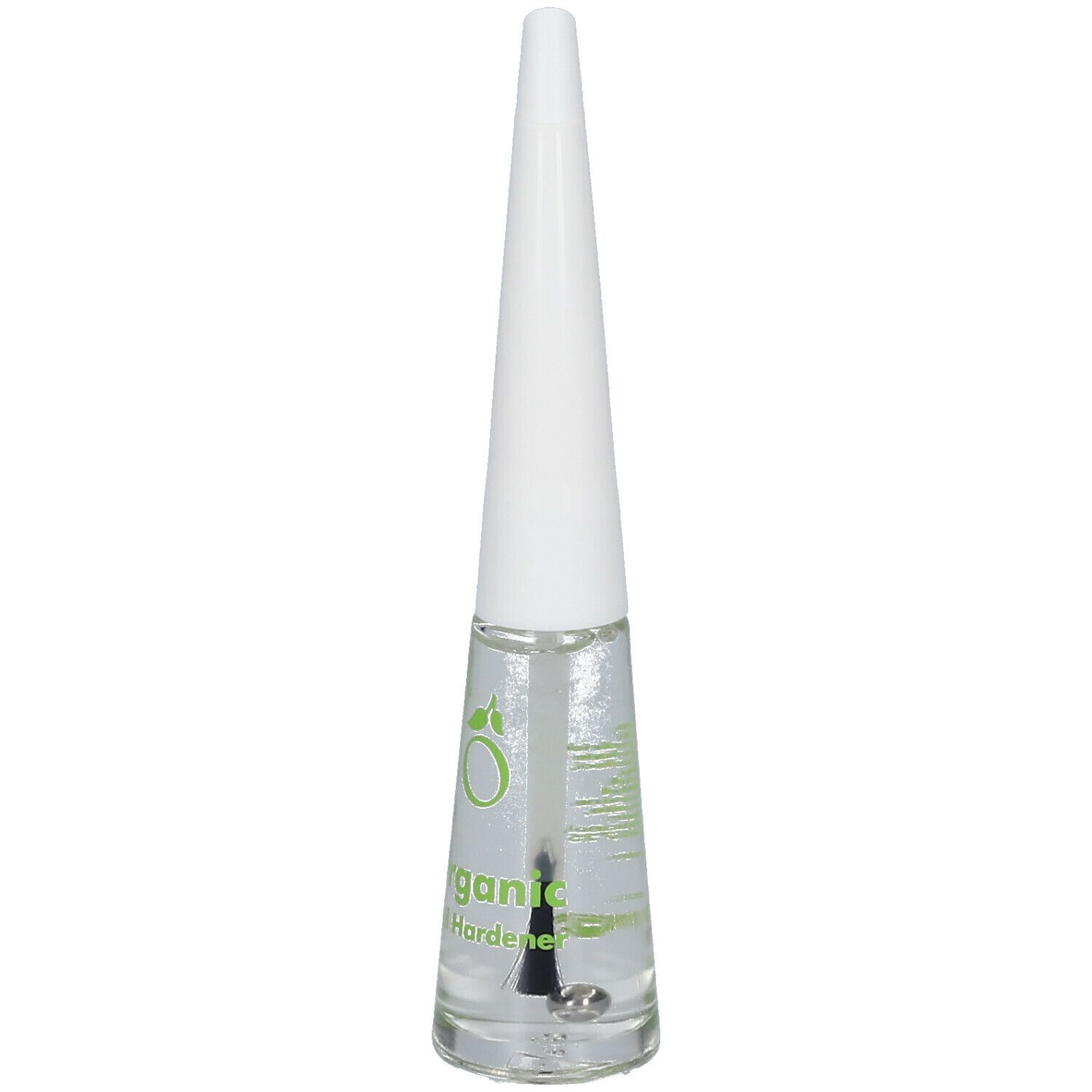 Flacon de durcisseur pour ongles transparent avec bouchon blanc et pinceau. Inscription : Organic Nail Hardener.