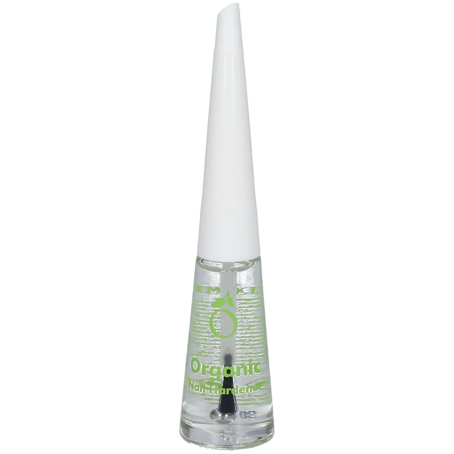 Flacon de durcisseur pour ongles transparent avec bouchon blanc et pinceau. Inscription : Organic Nail Hardener.
