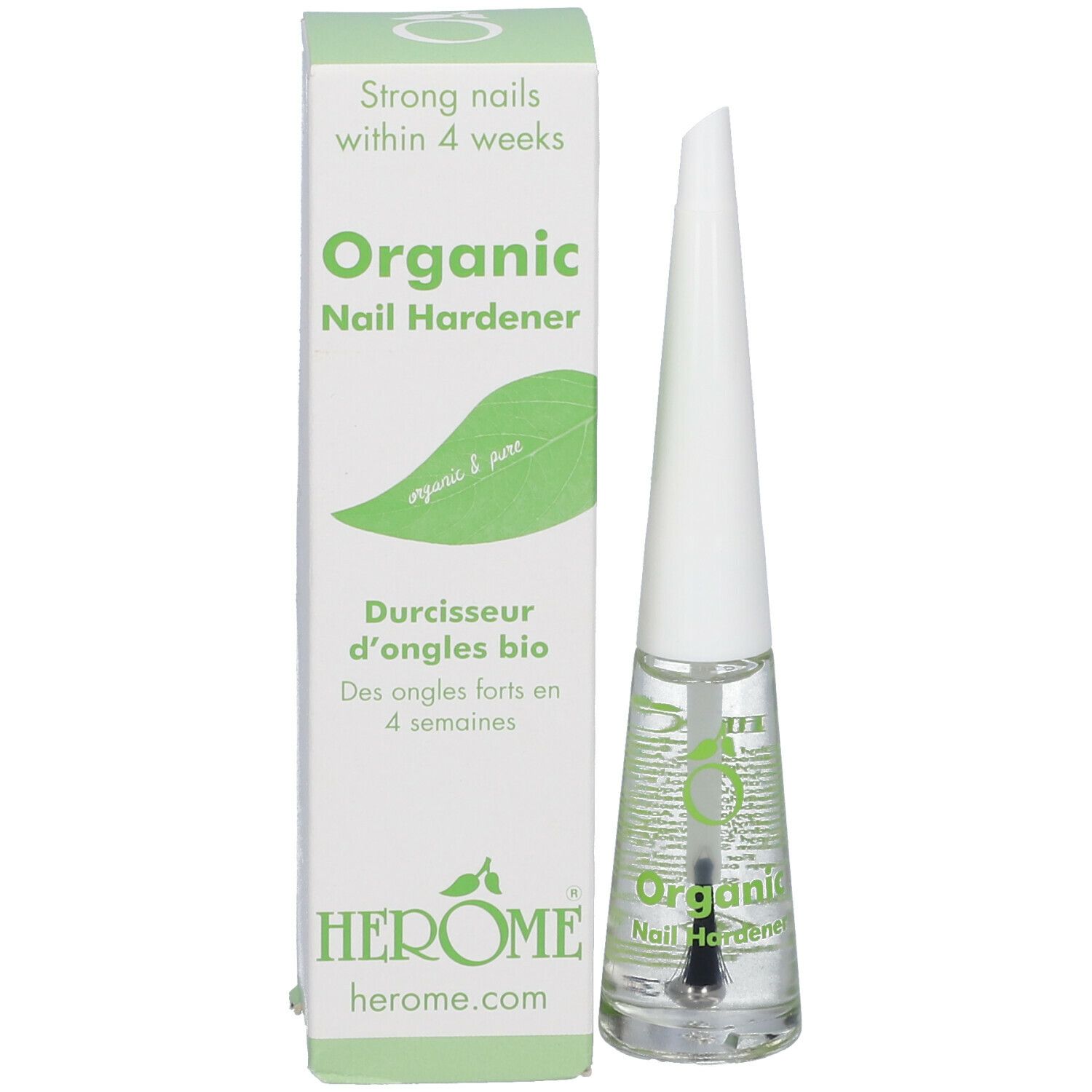 Flacon de durcisseur pour ongles et boîte. Sur la boîte : Organic Nail Hardener, HEROME, et texte.