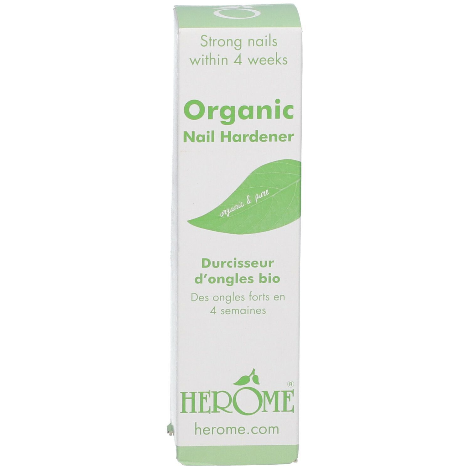 Boîte avec texte : Organic Nail Hardener, HEROME. Texte : Strong nails within 4 weeks.