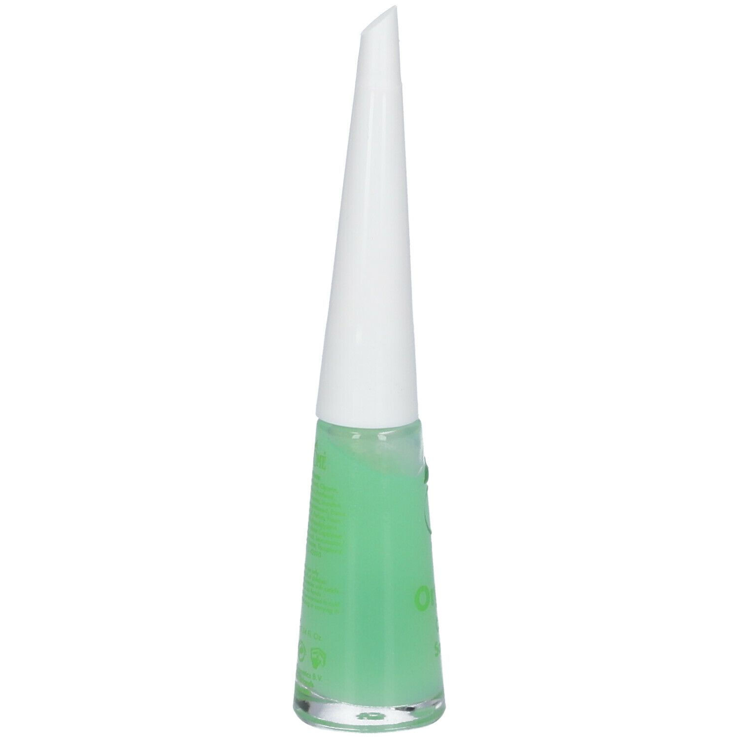 Liquide vert dans un flacon en verre avec bouchon blanc. Inscription : Organic Cuticle Softener.