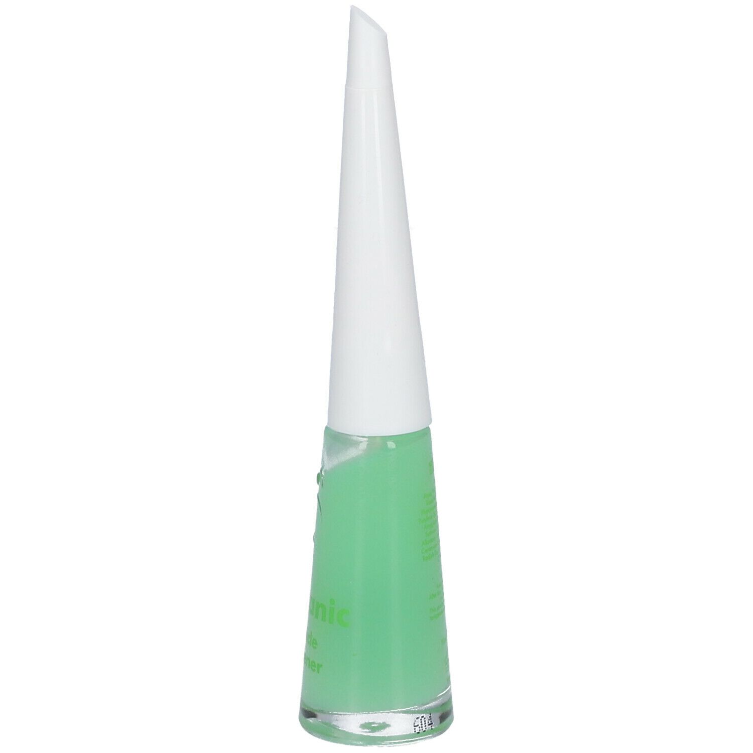 Liquide vert dans un flacon en verre avec bouchon blanc. Inscription : Organic Cuticle Softener.