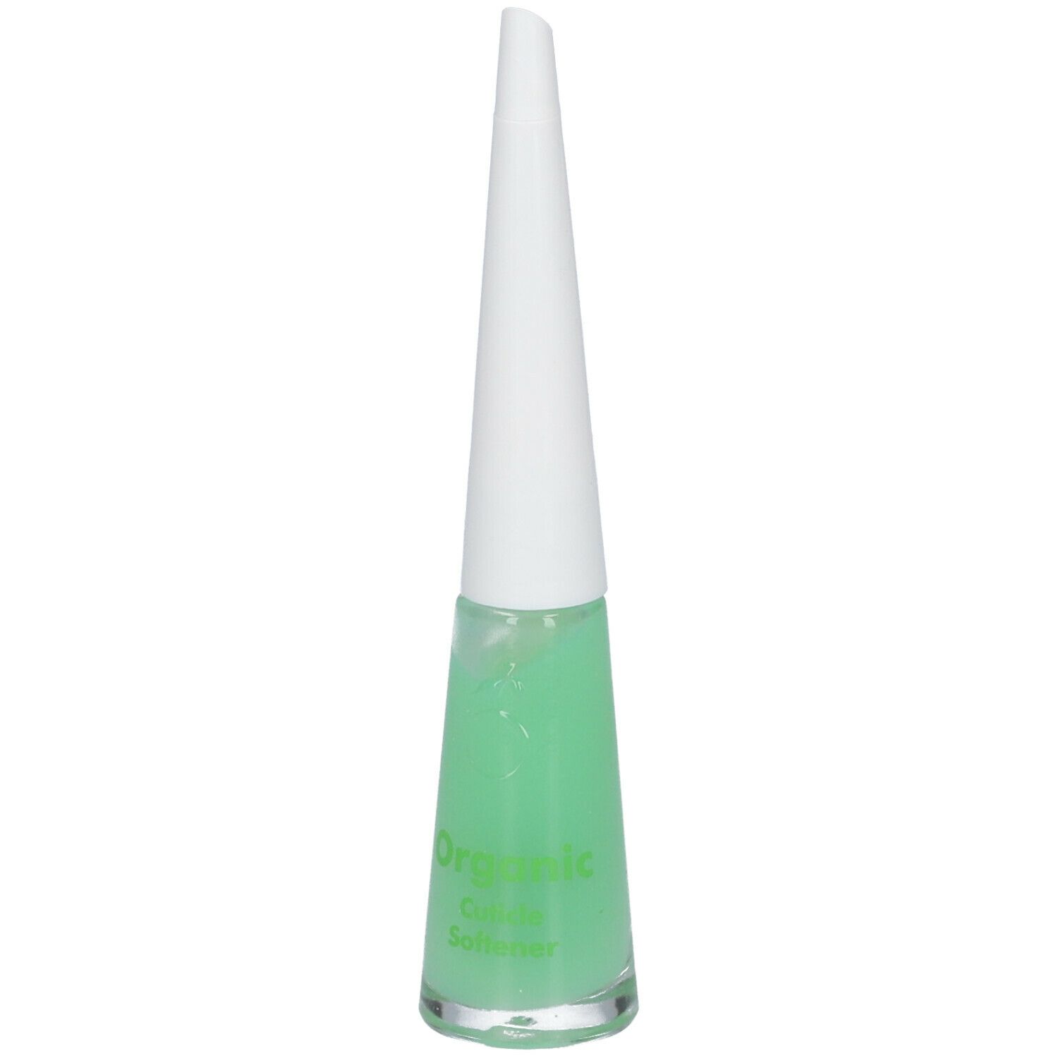 Liquide vert dans un flacon en verre avec bouchon blanc. Inscription : Organic Cuticle Softener.