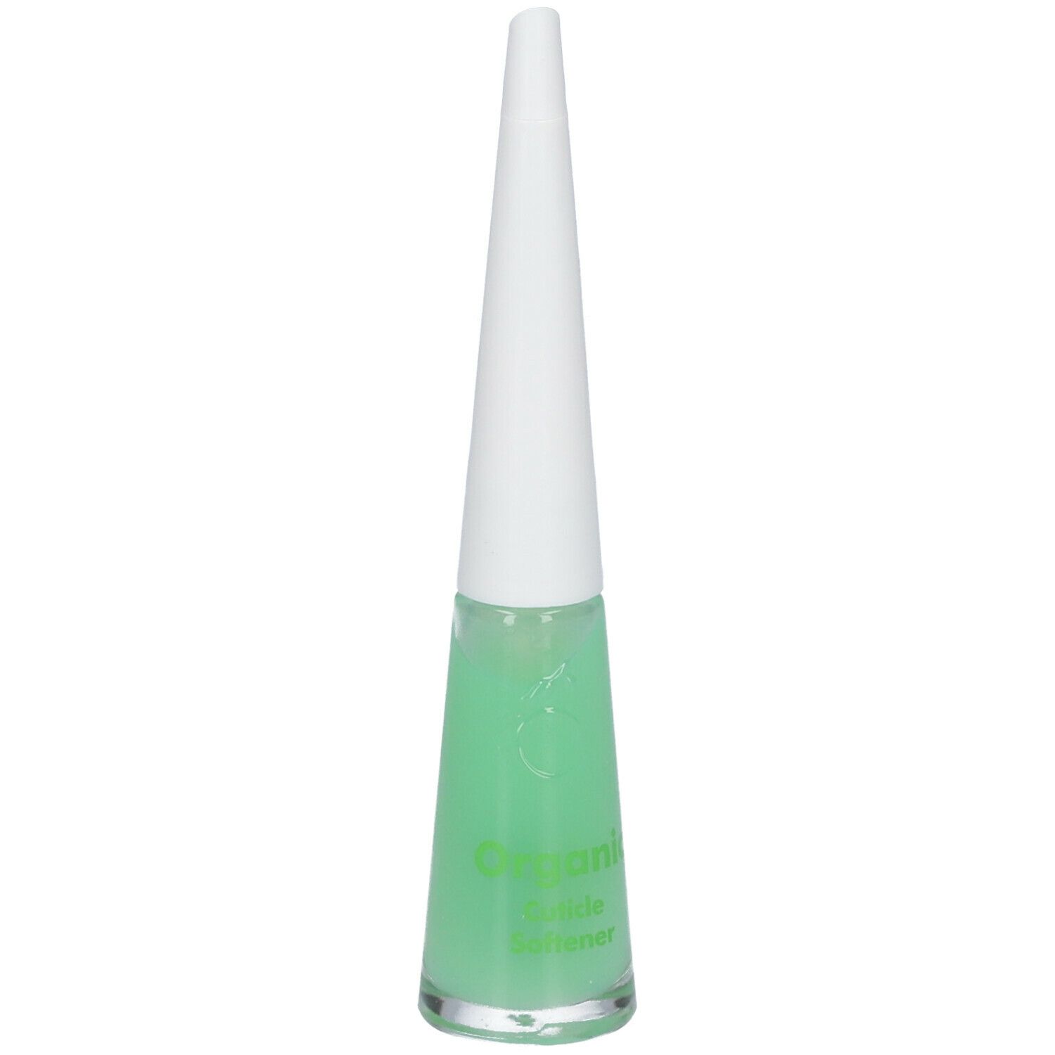 Liquide vert dans un flacon en verre avec bouchon blanc. Inscription : Organic Cuticle Softener.