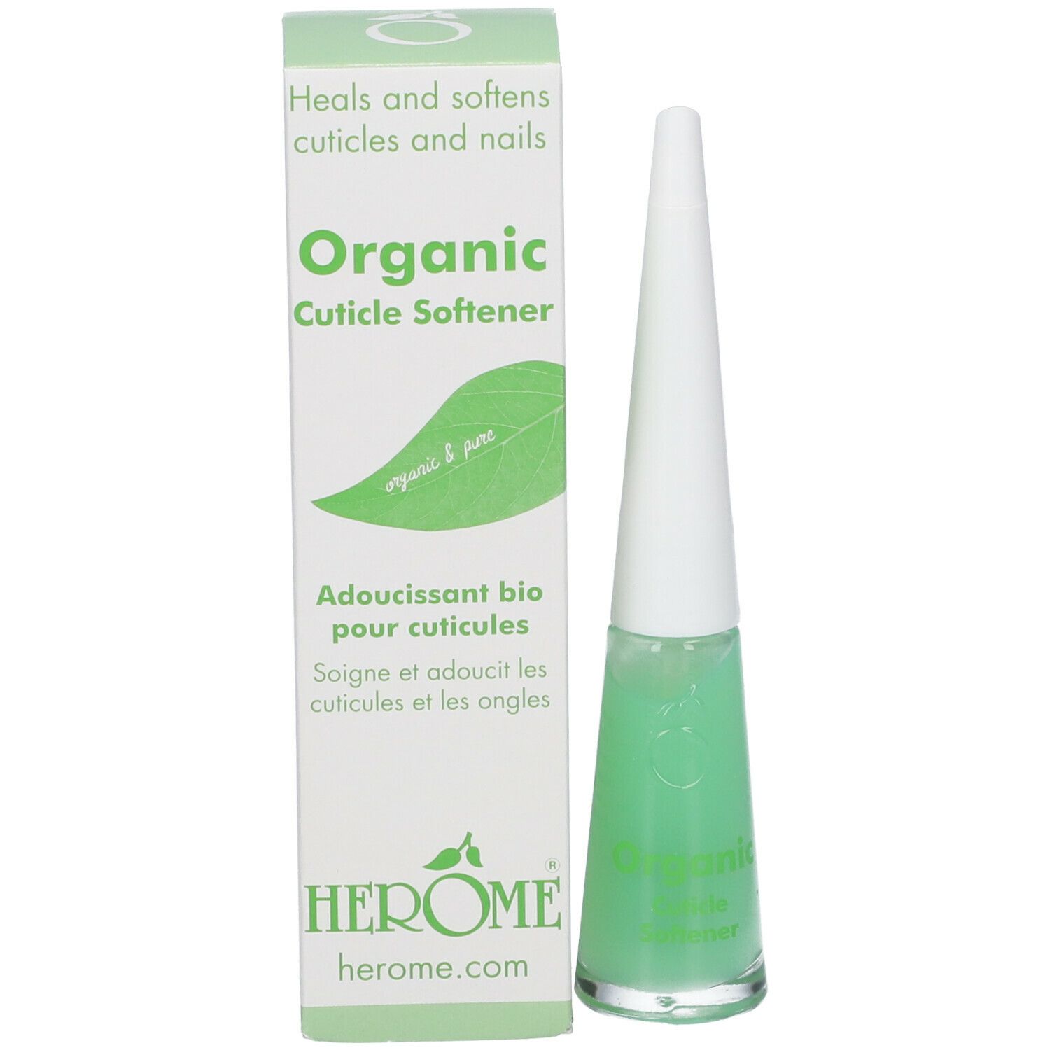 Flacon en verre avec liquide vert et bouchon blanc à côté d'une boîte. Inscription : Organic Cuticle Softener.