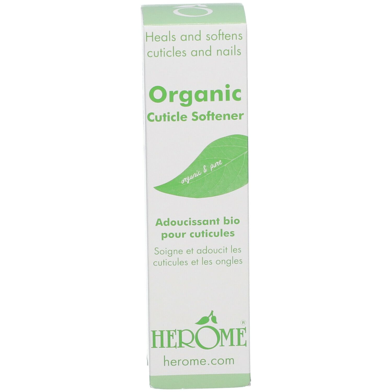 Boîte blanche avec inscription : Organic Cuticle Softener. Logo : HEROME.