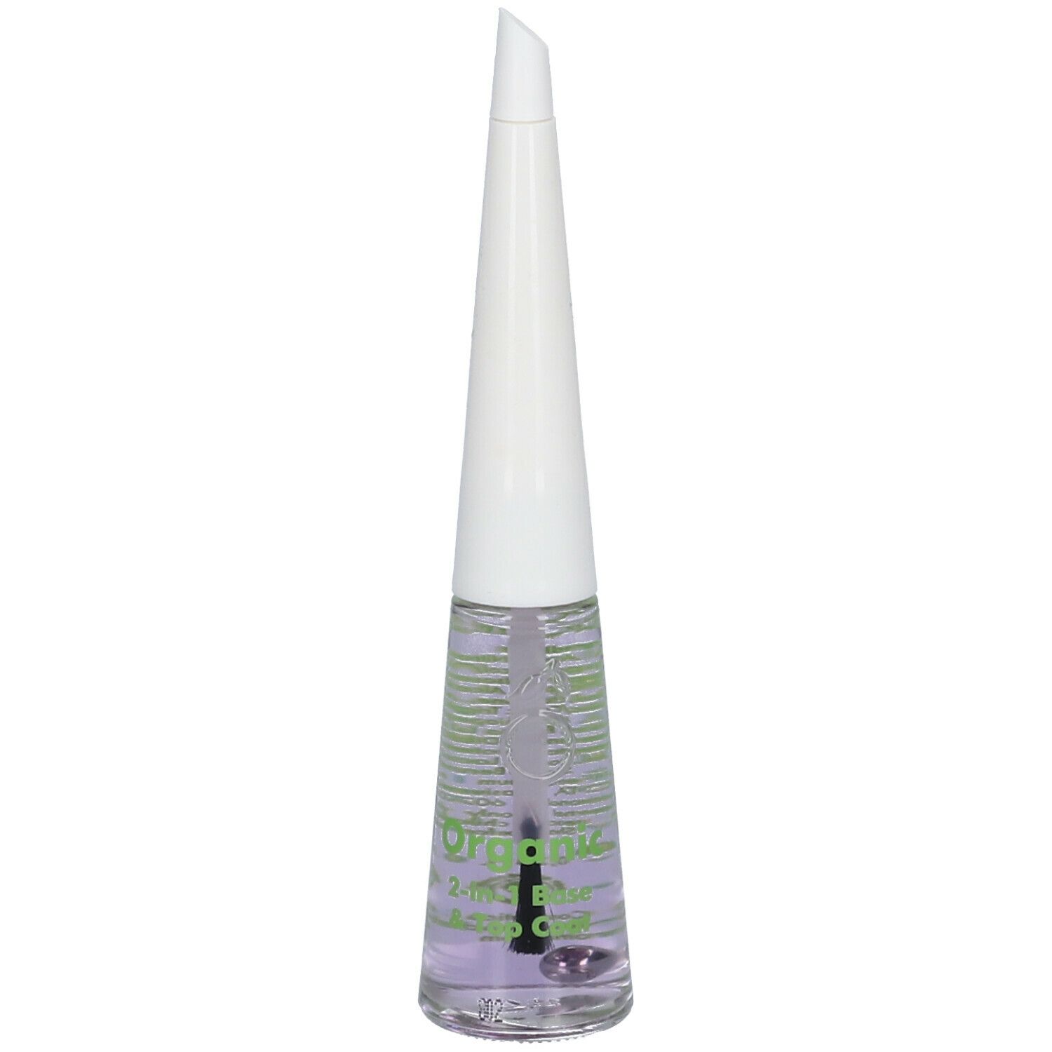 Flacon de vernis à ongles incolore. Bouchon blanc, impression verte. Inscription : Organic 2-in-1 Base & Top Coat.