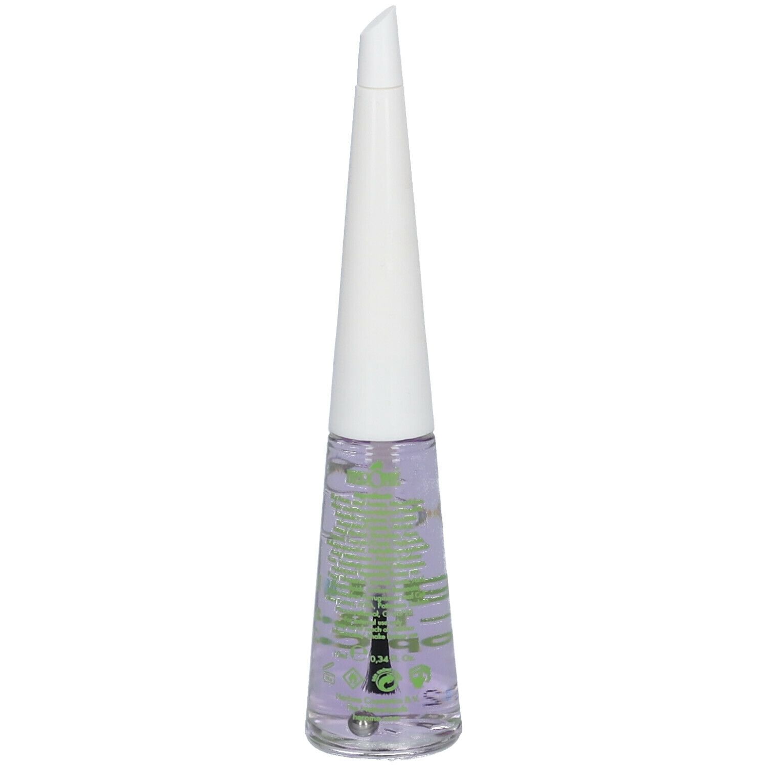 Flacon de vernis à ongles incolore. Bouchon blanc, impression verte. Inscription : Organic 2-in-1 Base & Top Coat.