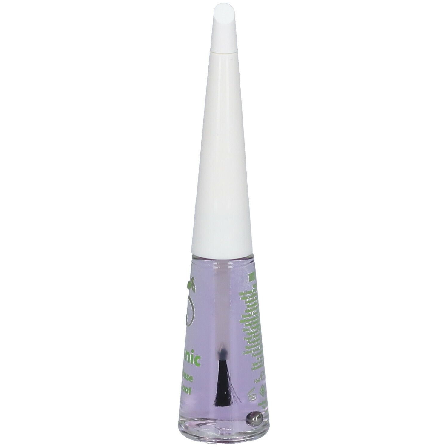 Flacon de vernis à ongles incolore. Bouchon blanc, impression verte. Inscription : Organic 2-in-1 Base & Top Coat.