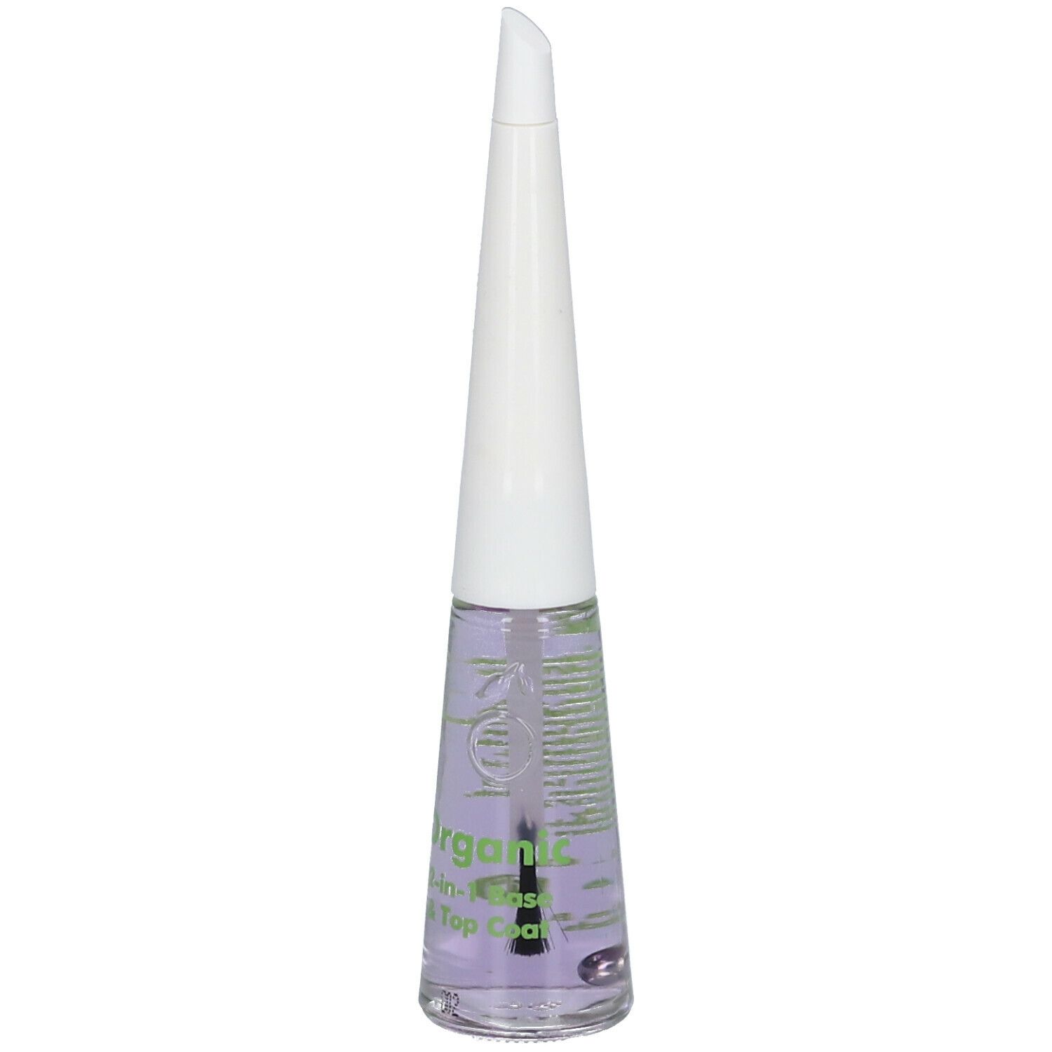 Flacon de vernis à ongles incolore. Bouchon blanc, impression verte. Inscription : Organic 2-in-1 Base & Top Coat.