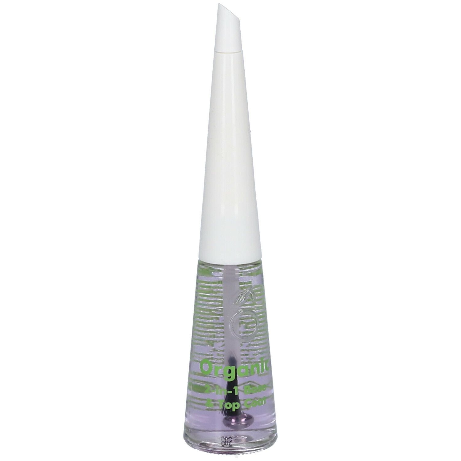 Flacon de vernis à ongles incolore. Bouchon blanc, impression verte. Inscription : Organic 2-in-1 Base & Top Coat.