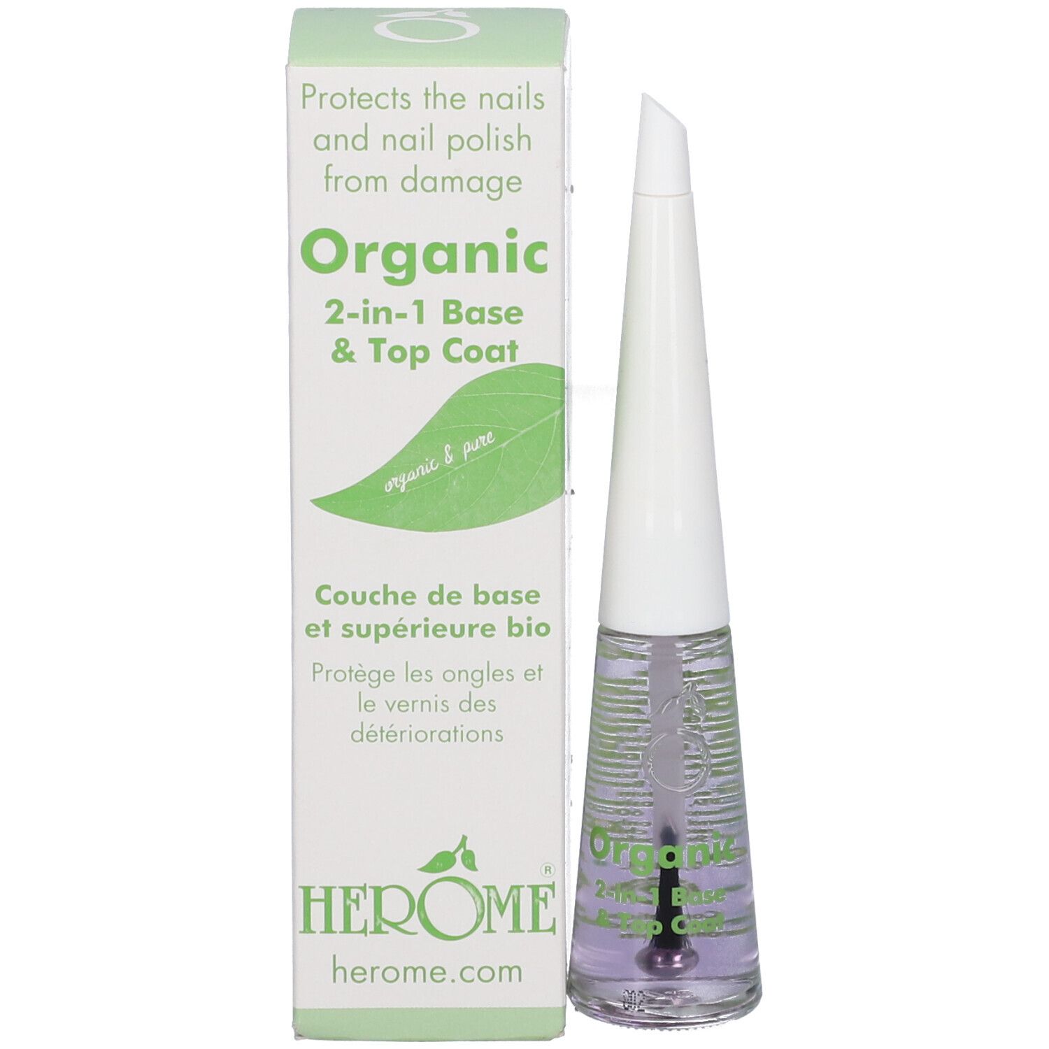 Flacon de vernis à ongles et emballage. Inscription : Organic 2-in-1 Base & Top Coat. Emballage avec texte et logo.