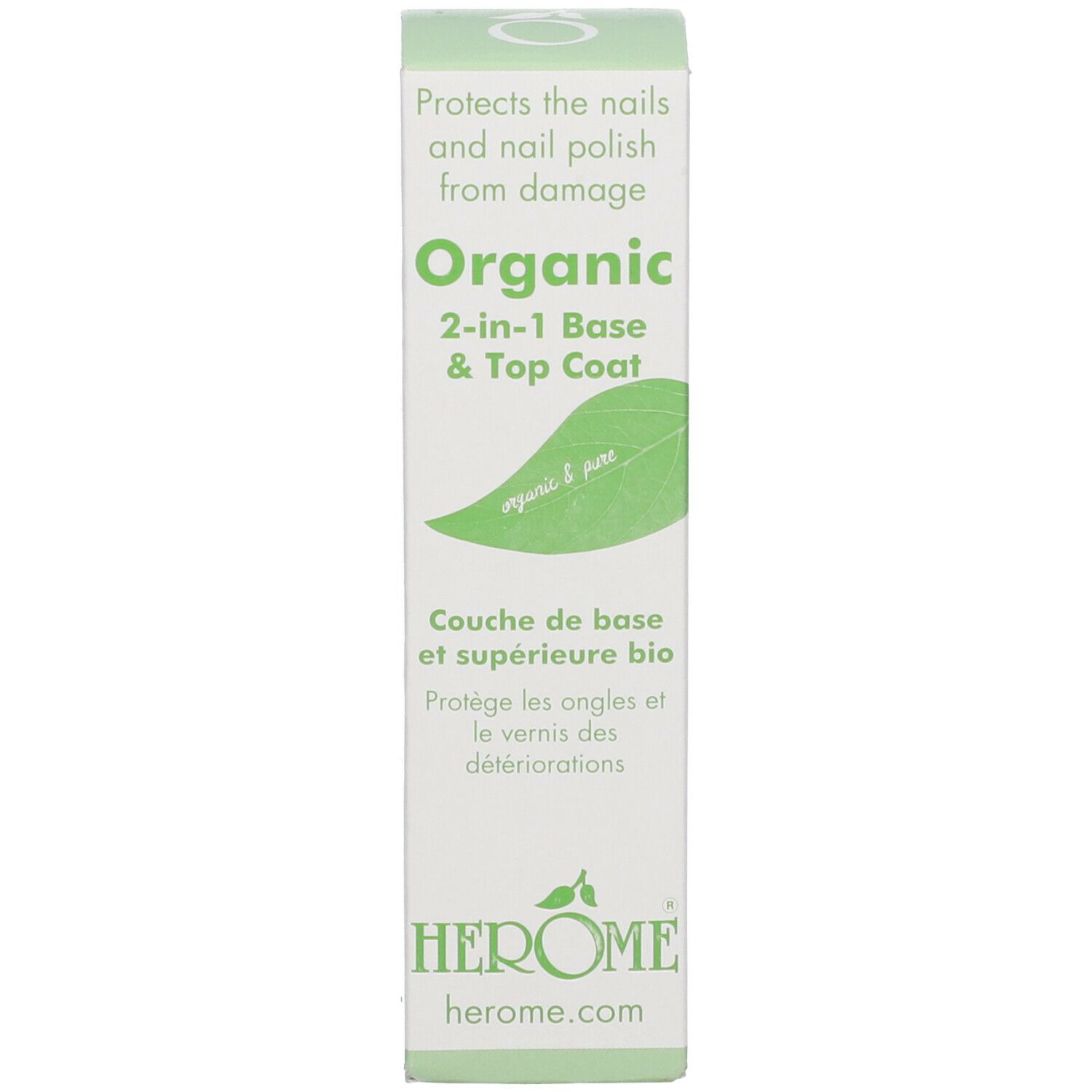 Emballage avec texte et logo. Inscription : Organic 2-in-1 Base & Top Coat. Marque : HEROME.