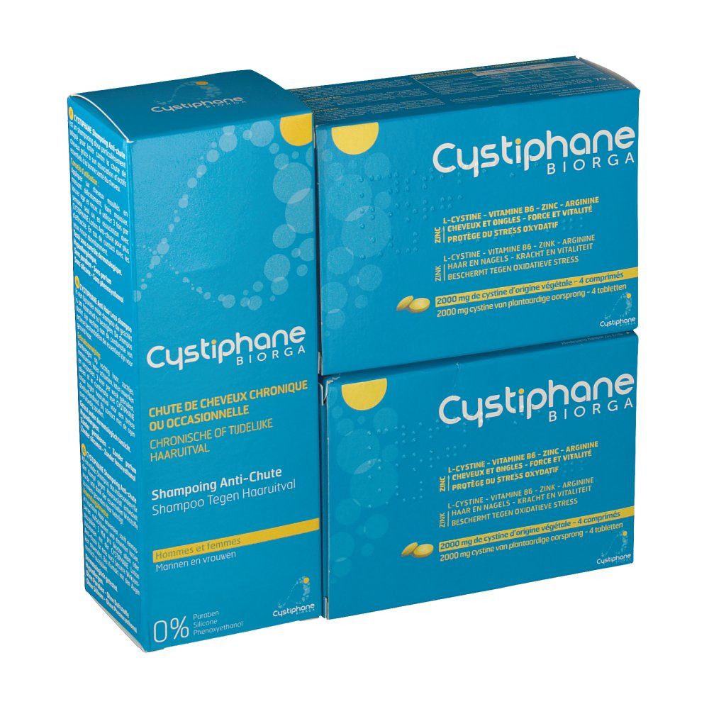 Trois emballages Cystiphane Biorga. Emballage bleu avec des accents jaunes. Texte en allemand, français, italien et néerlandais. Emballage de shampooing.