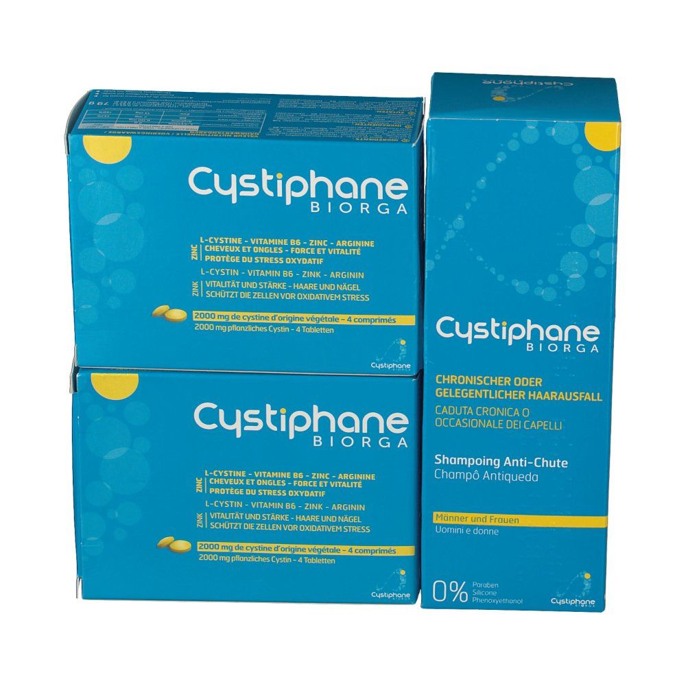Deux boîtes et un emballage Cystiphane Biorga. Emballage bleu avec des accents jaunes. Texte en allemand, français, italien. Emballage de shampooing.