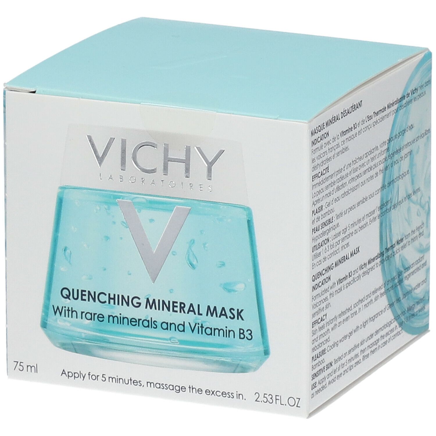 Hellblaue Schachtel mit VICHY-Logo und Produktbezeichnung. Aufschrift: Quenching Mineral Mask. 75 ml.