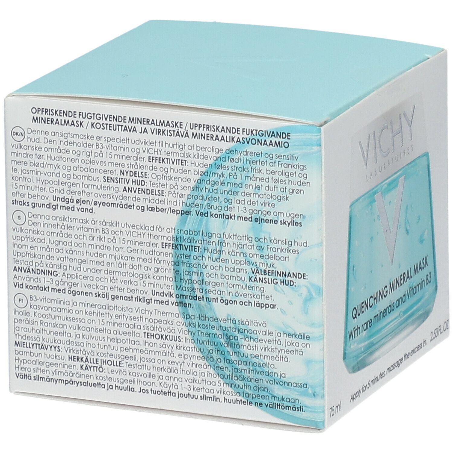 Rückseite der hellblauen Schachtel mit Produktinformationen. Text in mehreren Sprachen. VICHY-Logo oben rechts.