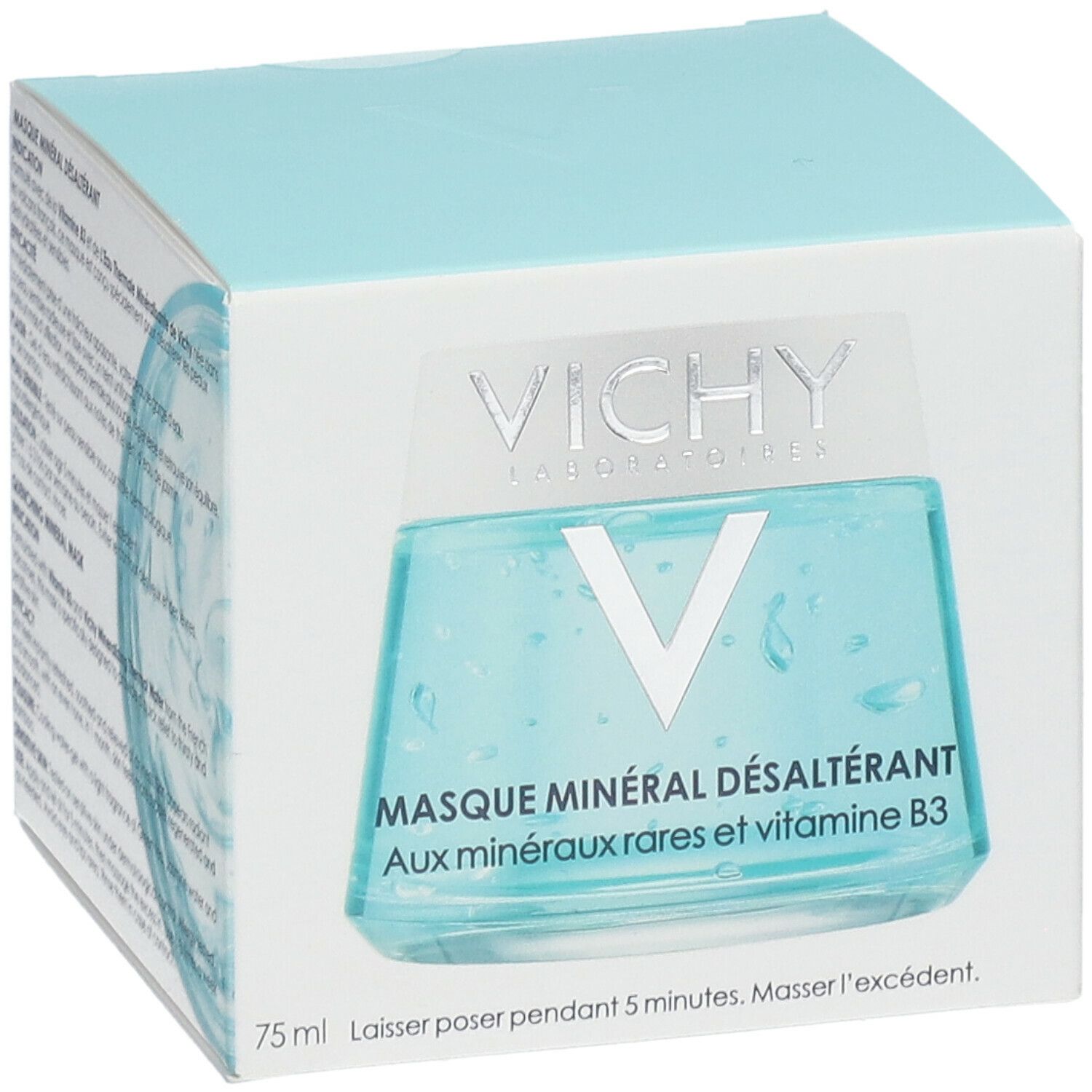 Hellblaue Schachtel mit VICHY-Logo und Produktbezeichnung. Aufschrift: Masque minéral désaltérant. 75 ml.