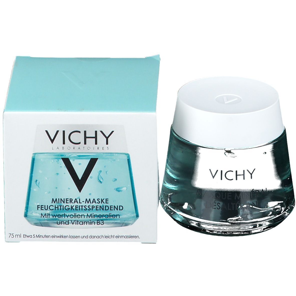 Produkt und Verpackung. VICHY-Logo und Produktbezeichnung. Aufschrift: Mineral-Maske Feuchtigkeitsspendend. 75 ml.