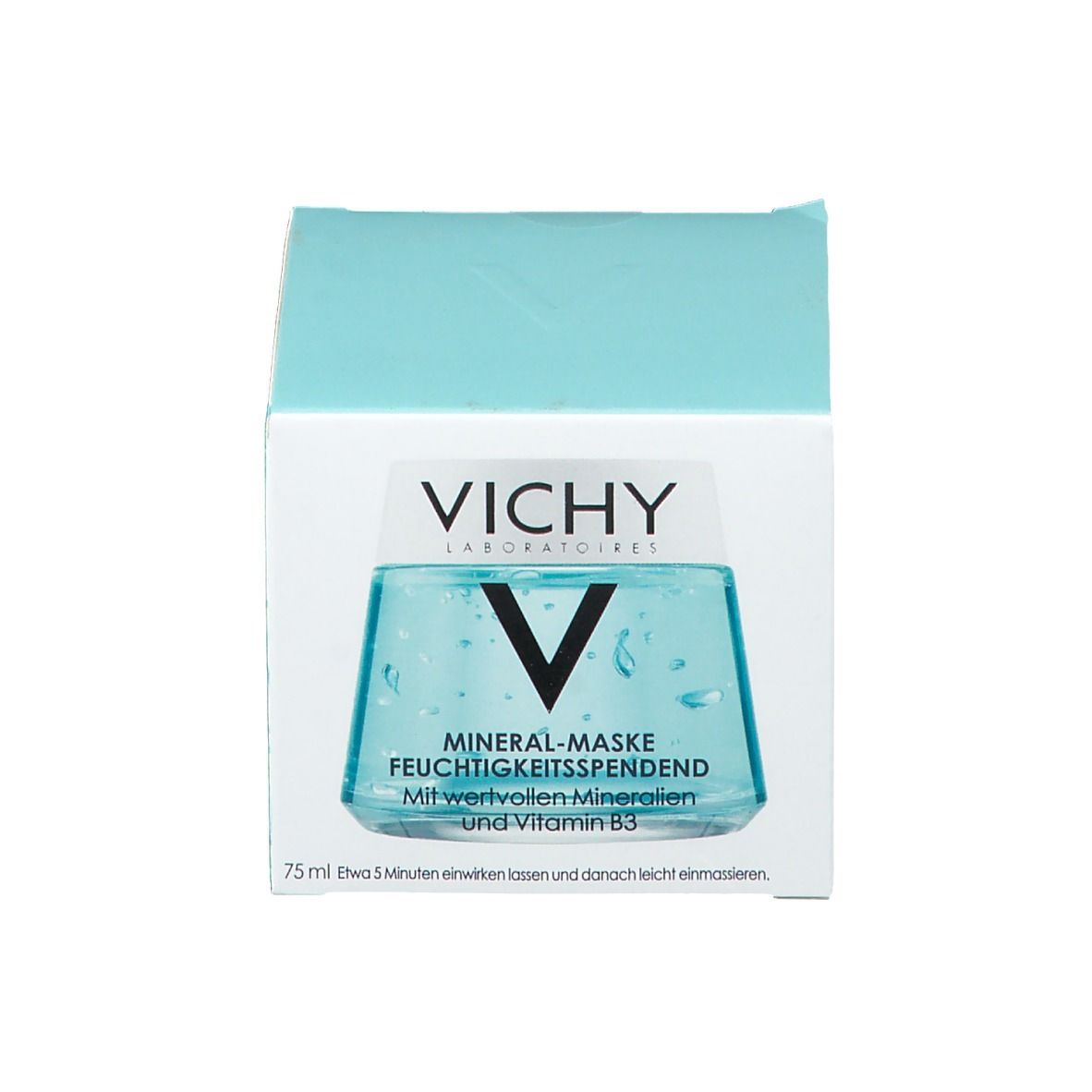 Hellblaue Schachtel mit VICHY-Logo und Produktbezeichnung. Aufschrift: Mineral-Maske Feuchtigkeitsspendend. 75 ml.
