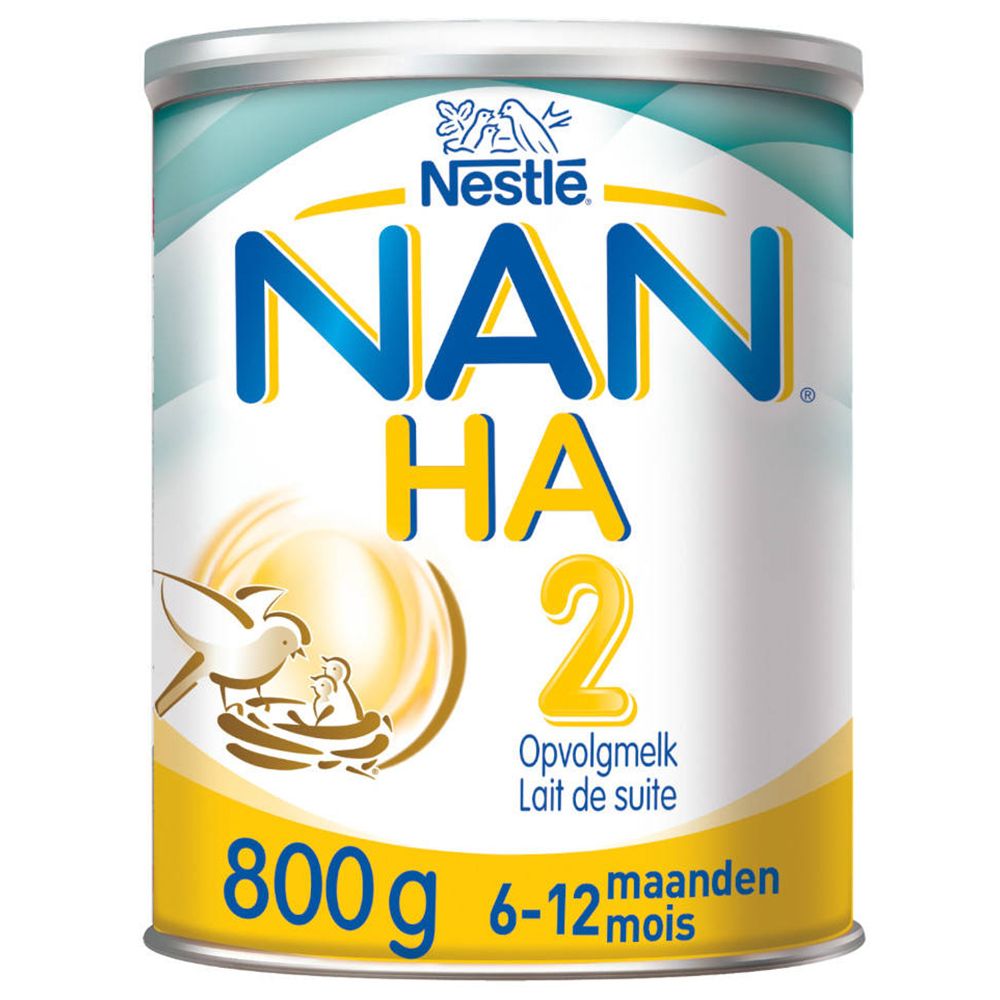Boîte Nestlé NAN HA 2. Inscription: 800g, 6-12 mois. Logo Nestlé. Produit pour nourrissons.